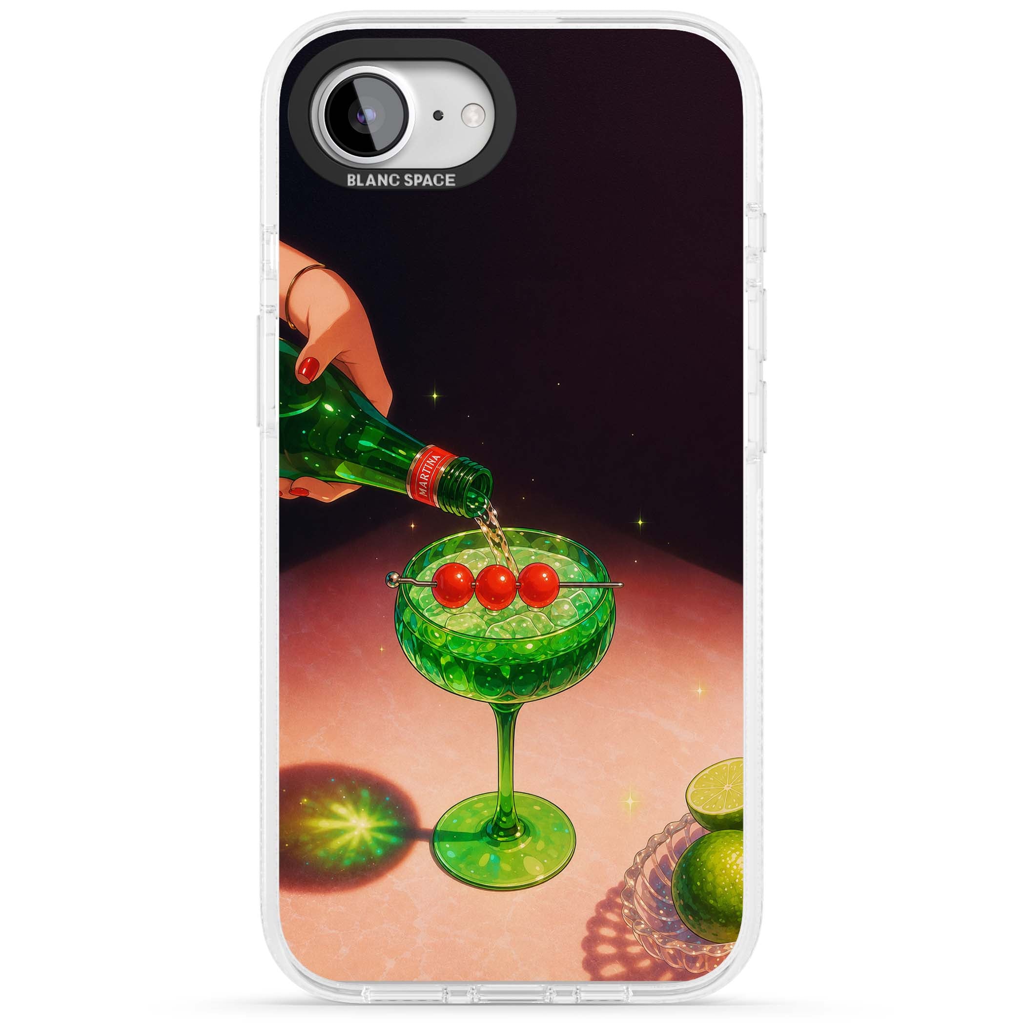 Absinthe Hour cocktail iPhone case featuring a green coupe glass, cherry garnish and vintage bottle pour illustration | Clear Case Impact Air case for iPhone 16e, iPhone 17e