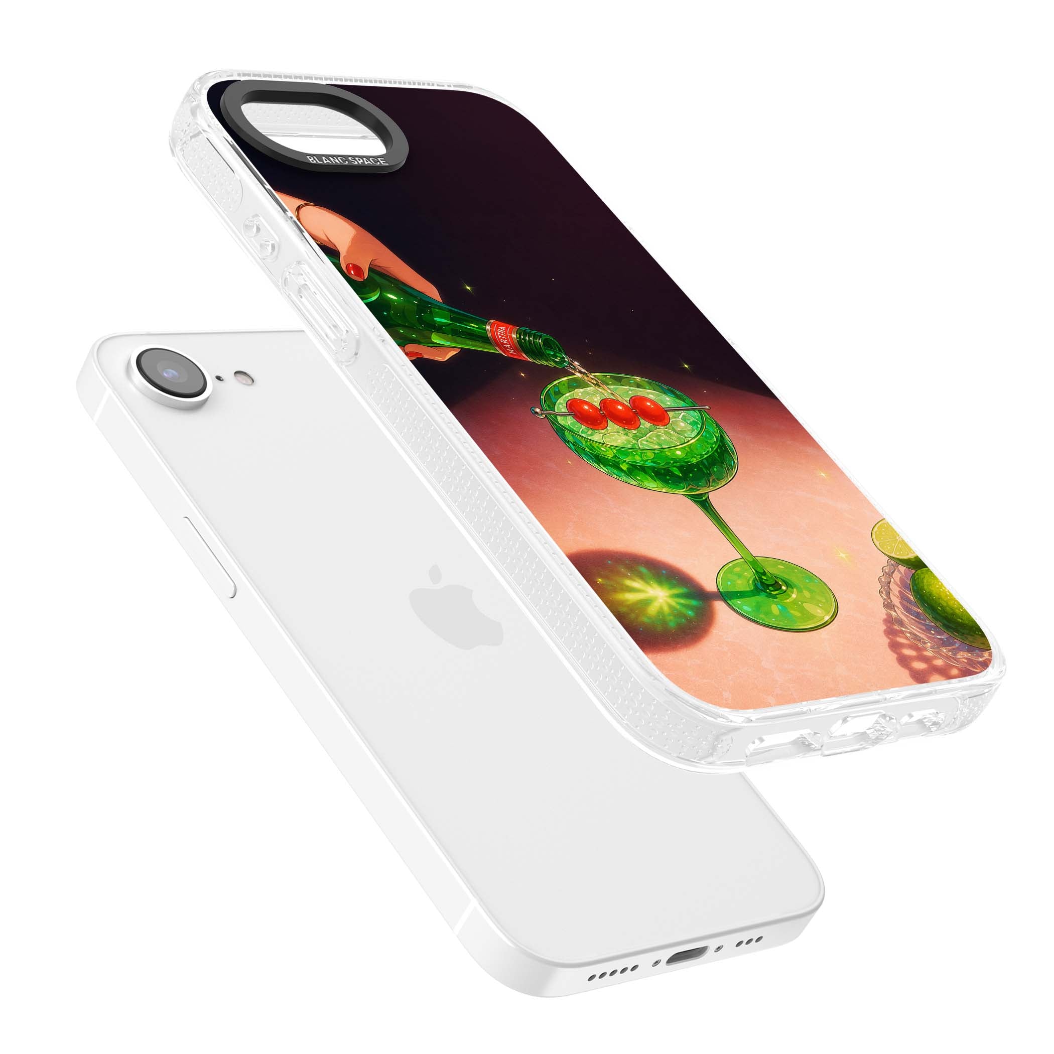 Absinthe Hour cocktail iPhone case featuring a green coupe glass, cherry garnish and vintage bottle pour illustration | Clear Case Impact Air case for iPhone 16e, iPhone 17e