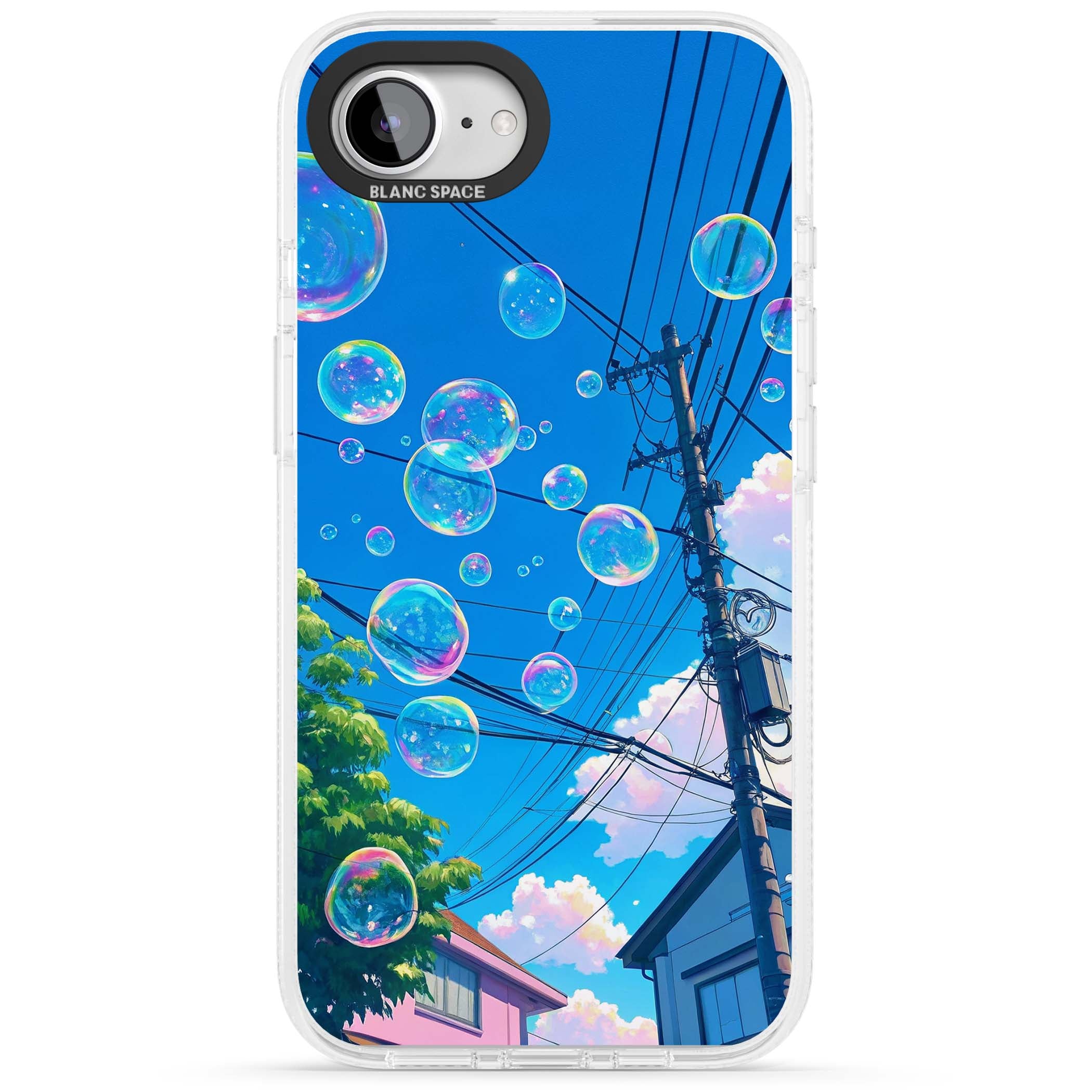 Suburban Bubbles anime iPhone case featuring iridescent soap bubbles, blue sky and Japanese telephone wires | Clear Case Impact Air case for iPhone 16e, iPhone 17e