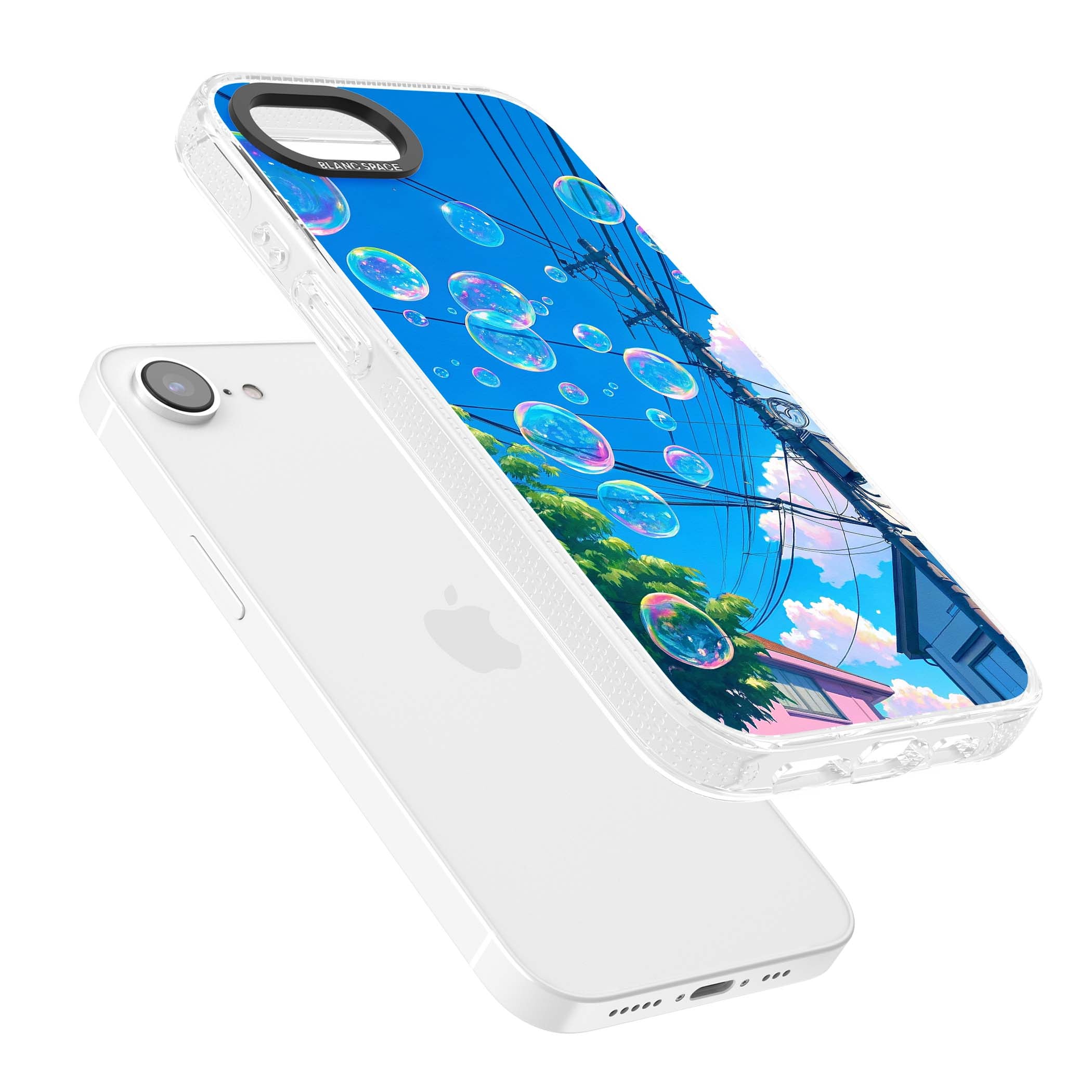 Suburban Bubbles anime iPhone case featuring iridescent soap bubbles, blue sky and Japanese telephone wires | Clear Case Impact Air case for iPhone 16e, iPhone 17e