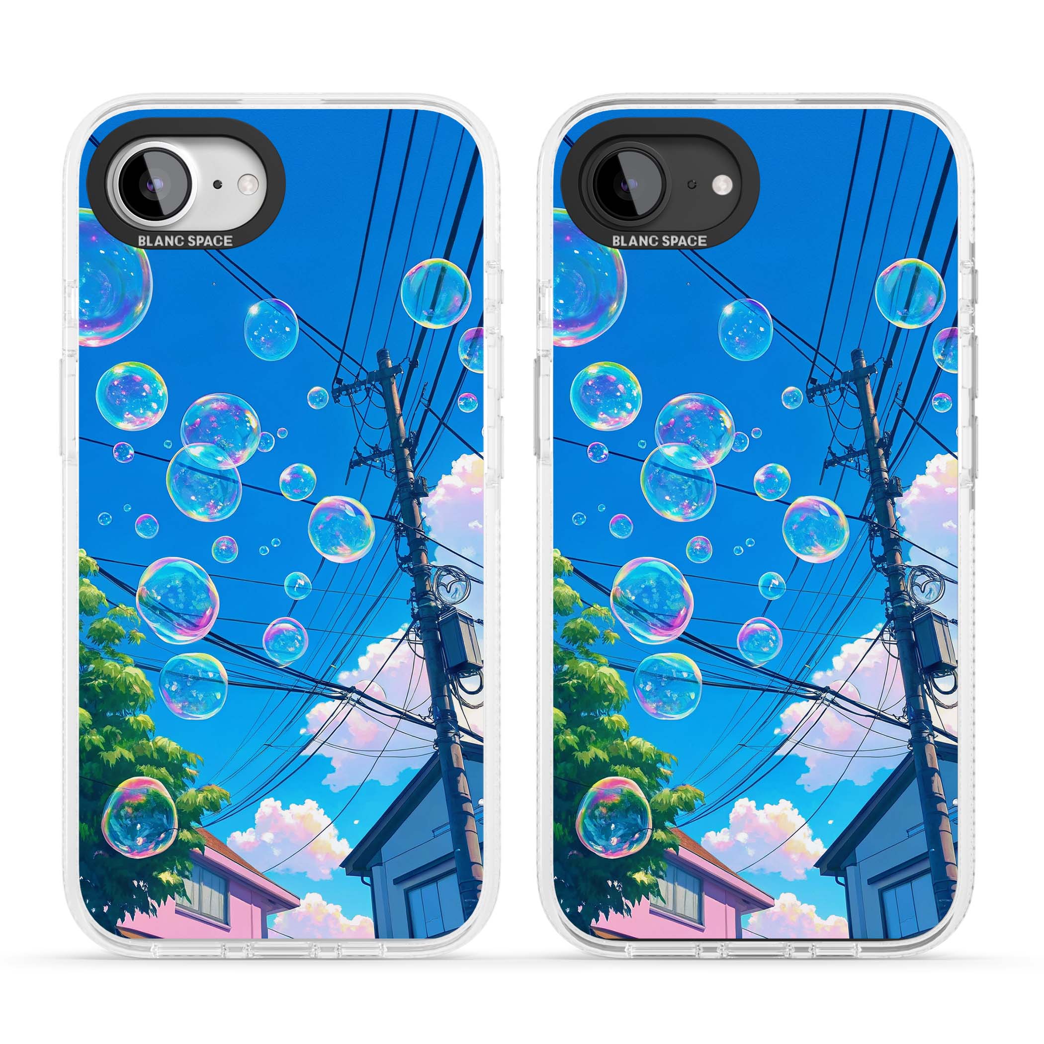 Suburban Bubbles anime iPhone case featuring iridescent soap bubbles, blue sky and Japanese telephone wires | Clear Case Impact Air case for iPhone 16e, iPhone 17e