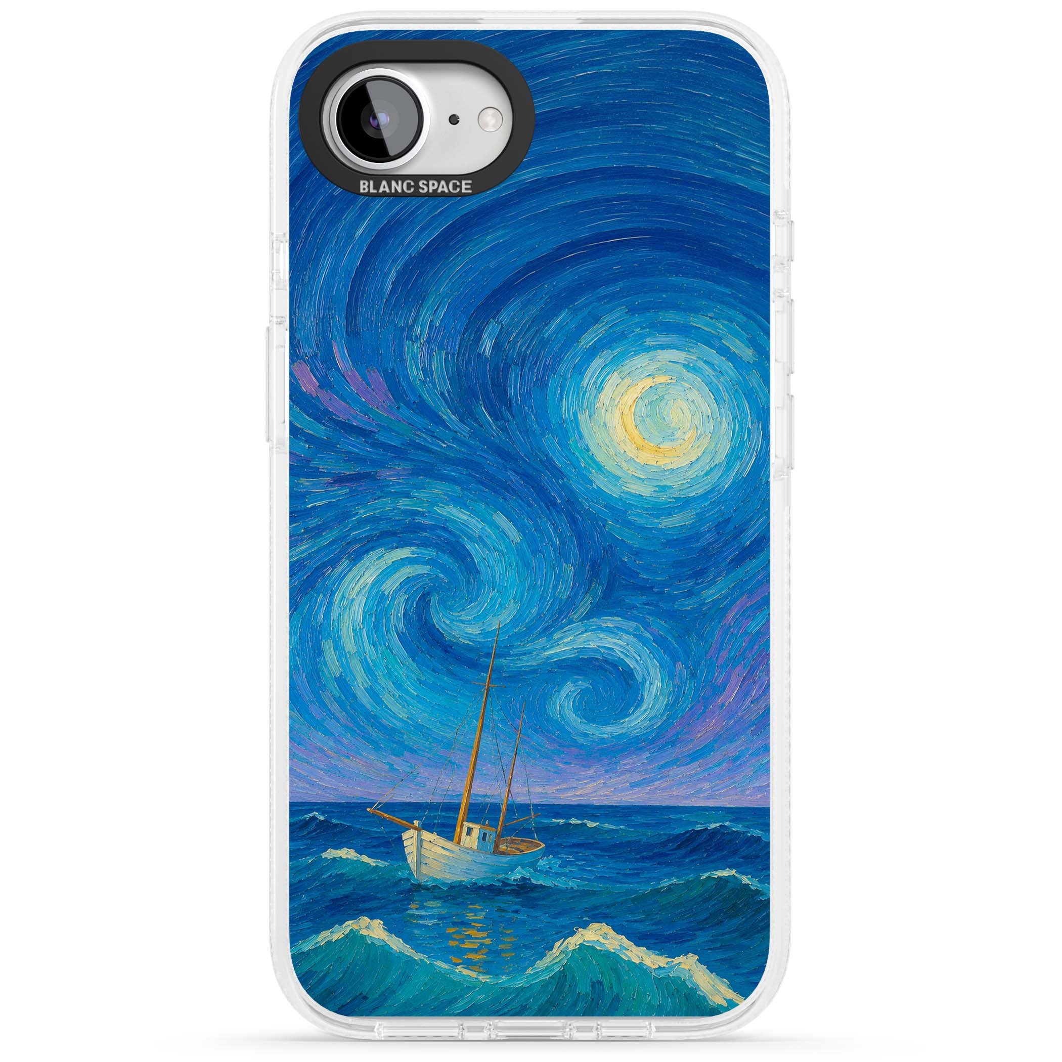 Moonlit Tide Van Gogh art iPhone case featuring swirling starry night sky, glowing moon and lone sailing boat at sea | Clear Case Impact Air case for iPhone 16e, iPhone 17e