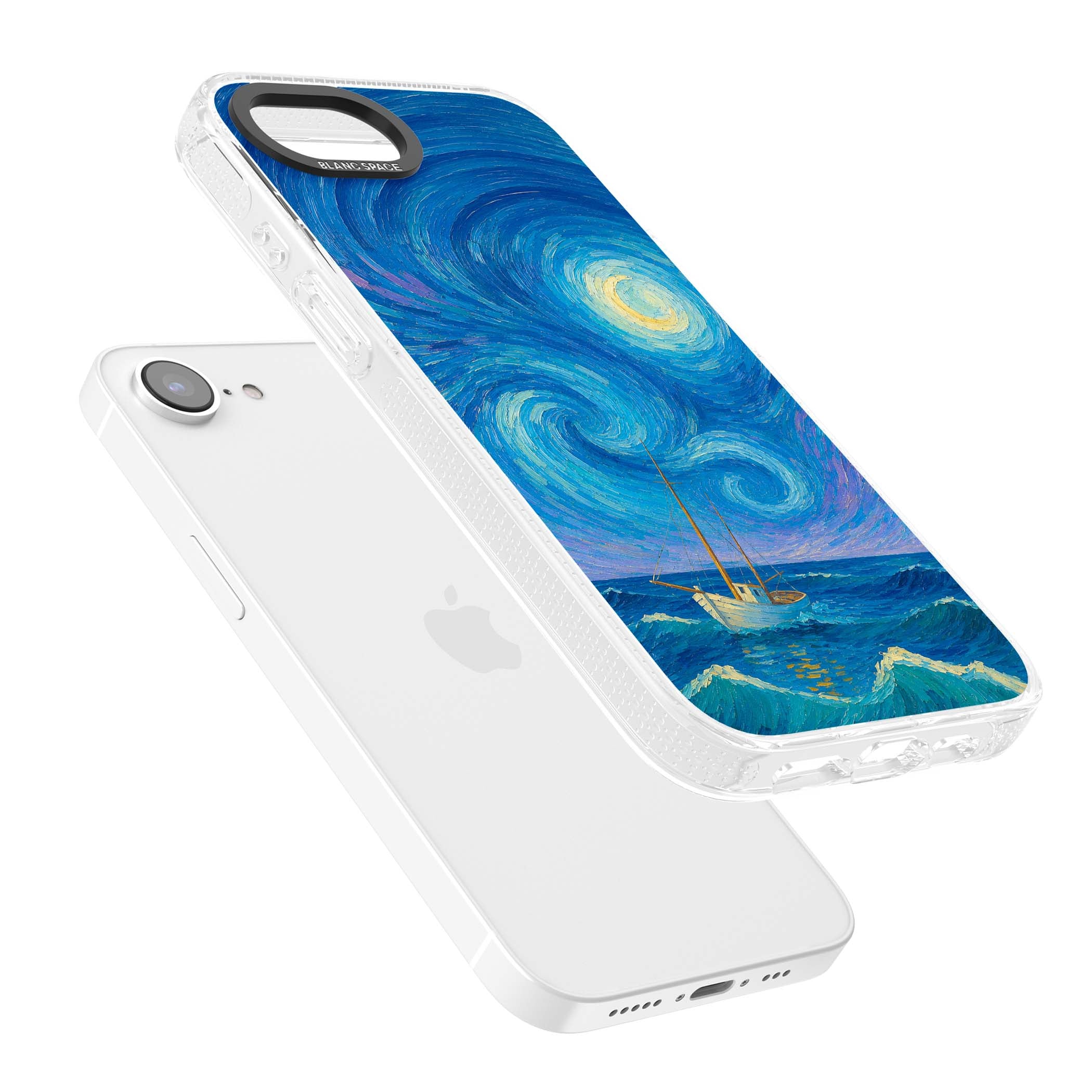 Moonlit Tide Van Gogh art iPhone case featuring swirling starry night sky, glowing moon and lone sailing boat at sea | Clear Case Impact Air case for iPhone 16e, iPhone 17e