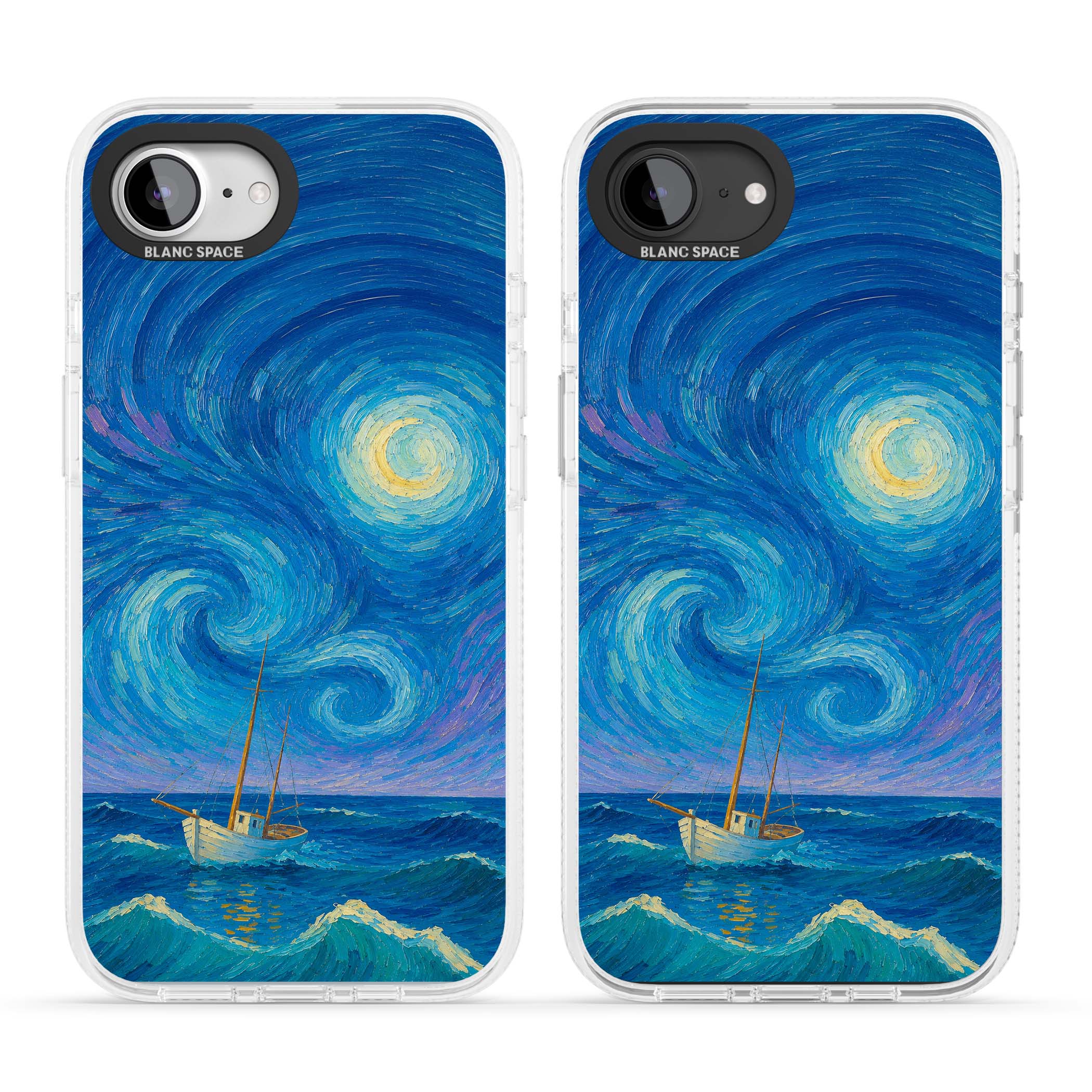 Moonlit Tide Van Gogh art iPhone case featuring swirling starry night sky, glowing moon and lone sailing boat at sea | Clear Case Impact Air case for iPhone 16e, iPhone 17e