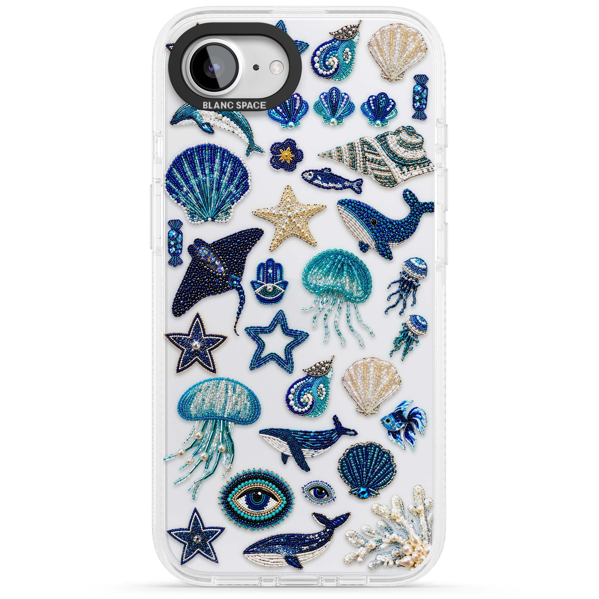 Beaded Coastal coastal iPhone case featuring embroidered seashells, jellyfish and a blue whale on clear | Clear Case Impact Air case for iPhone 16e, iPhone 17e