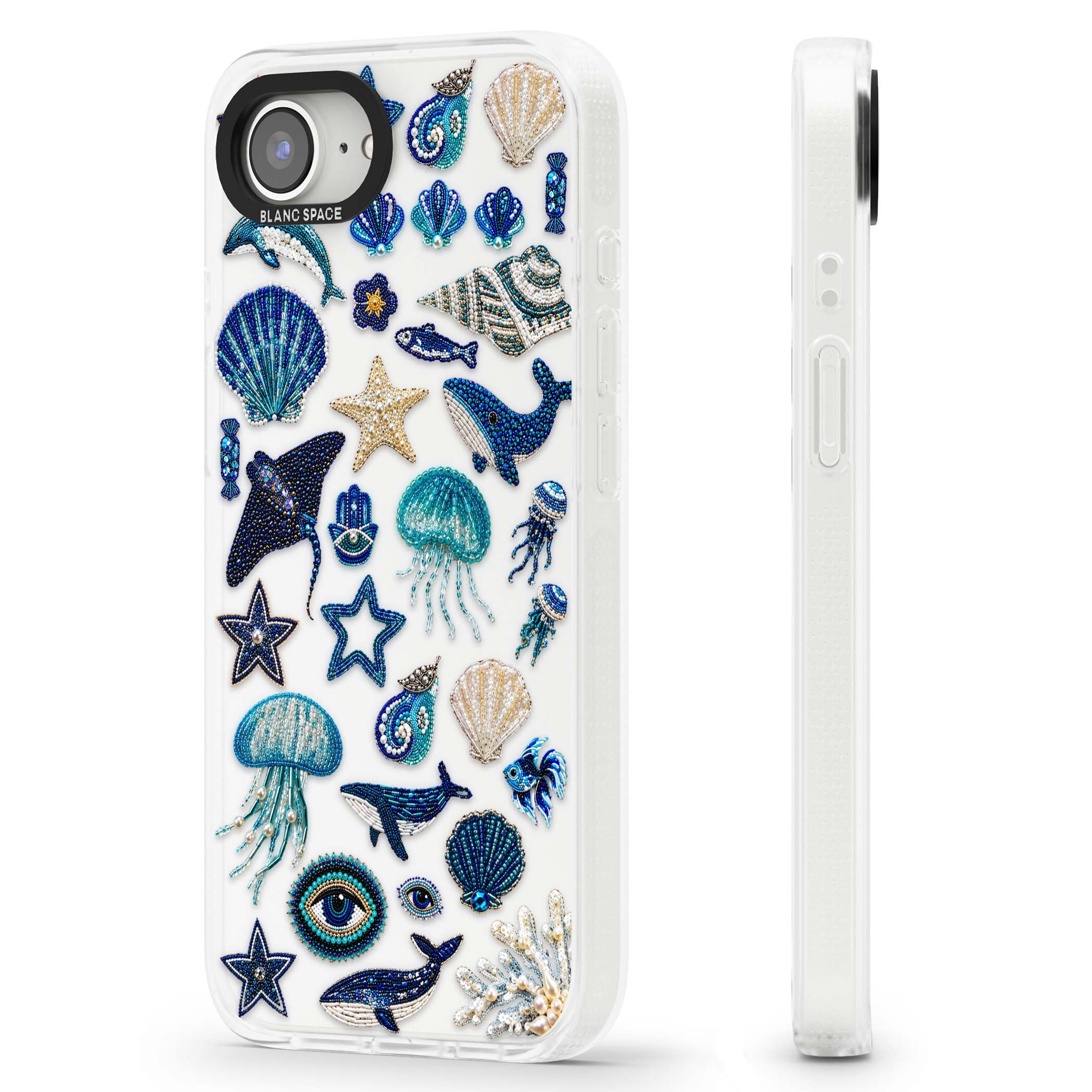 Beaded Coastal coastal iPhone case featuring embroidered seashells, jellyfish and a blue whale on clear | Clear Case Impact Air case for iPhone 16e, iPhone 17e