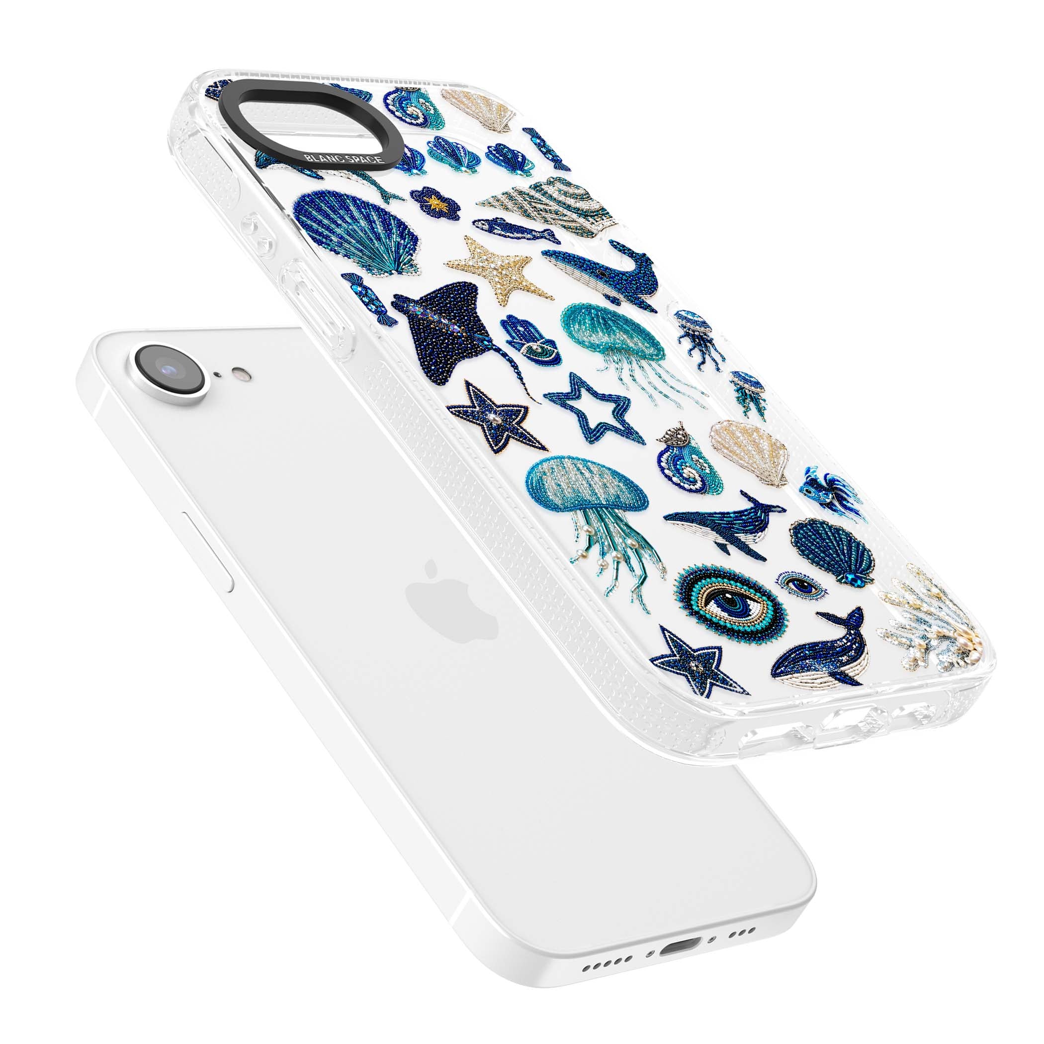 Beaded Coastal coastal iPhone case featuring embroidered seashells, jellyfish and a blue whale on clear | Clear Case Impact Air case for iPhone 16e, iPhone 17e