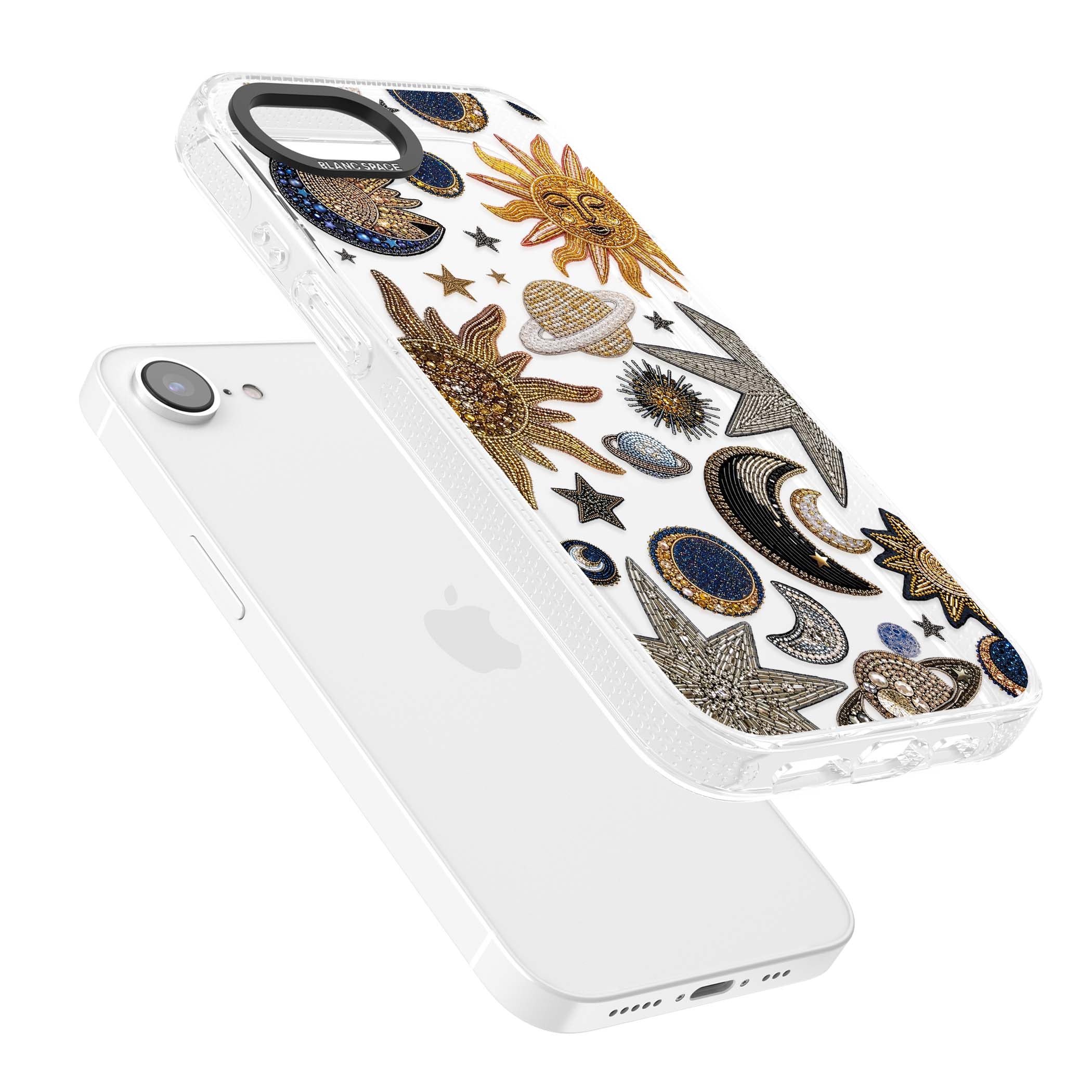 Beaded Cosmos celestial iPhone case featuring embroidered golden suns, beaded planets and silver shooting stars | Clear Case Impact Air case for iPhone 16e, iPhone 17e