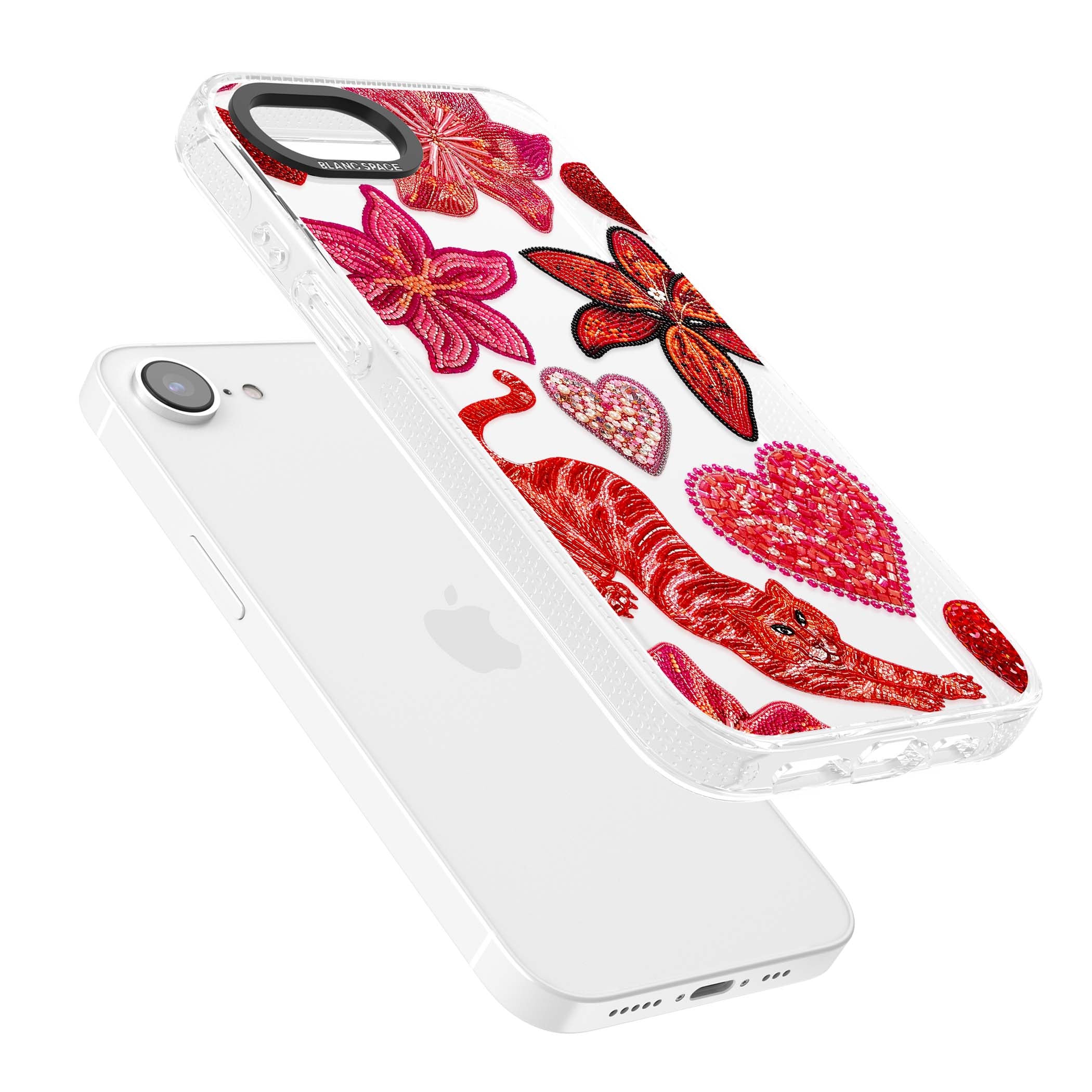 Beaded Boho floral iPhone case featuring beaded red lilies, a stitched tiger, and pearl-encrusted hearts on clear | Clear Case Impact Air case for iPhone 16e, iPhone 17e
