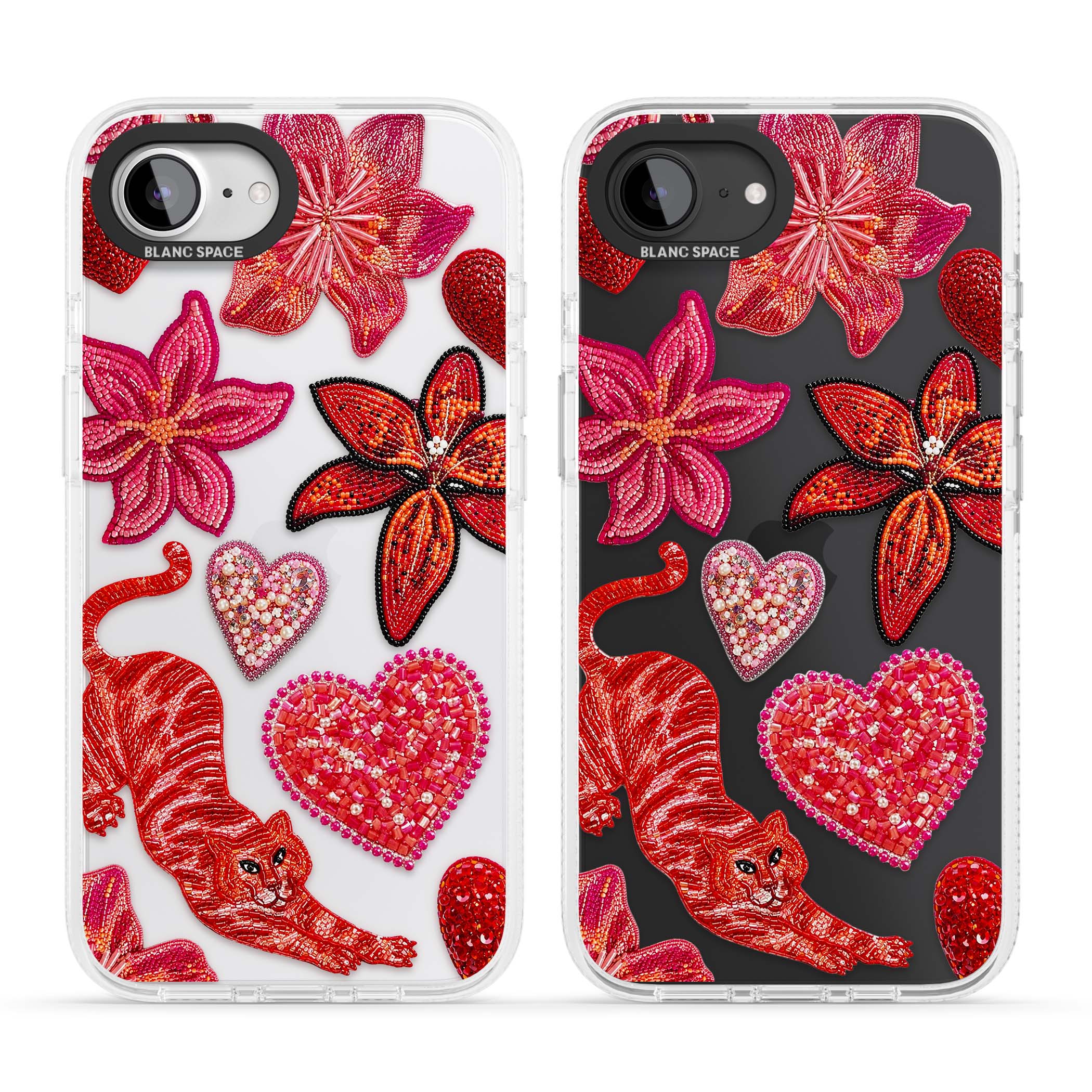 Beaded Boho floral iPhone case featuring beaded red lilies, a stitched tiger, and pearl-encrusted hearts on clear | Clear Case Impact Air case for iPhone 16e, iPhone 17e