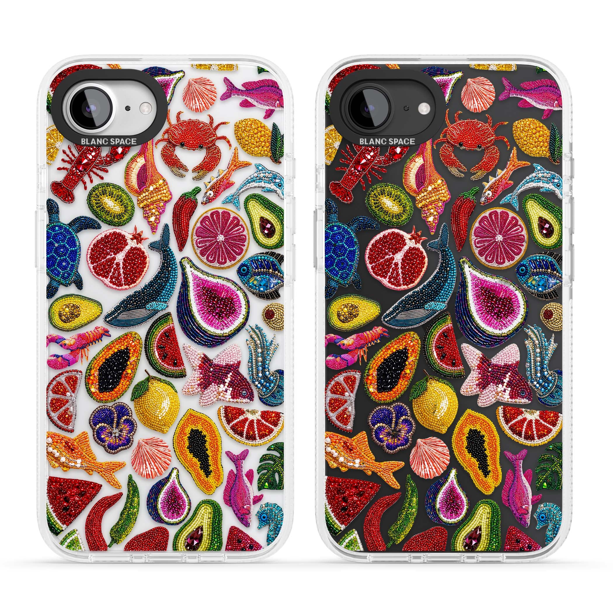 Beaded Tropic tropical iPhone case featuring beaded fruit, fish, crabs and seashells in vibrant colour | Clear Case Impact Air case for iPhone 16e, iPhone 17e