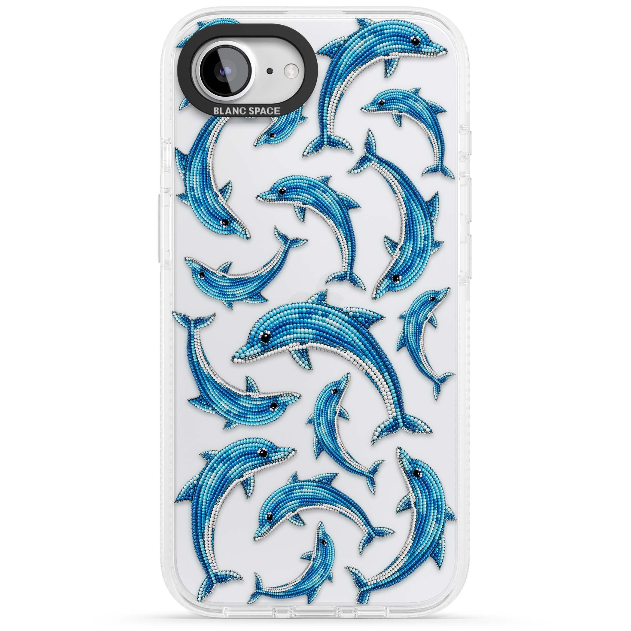 Beaded Dolphins coastal iPhone case featuring beaded dolphins in blue and white swimming across a clear background | Clear Case Impact Air case for iPhone 16e, iPhone 17e