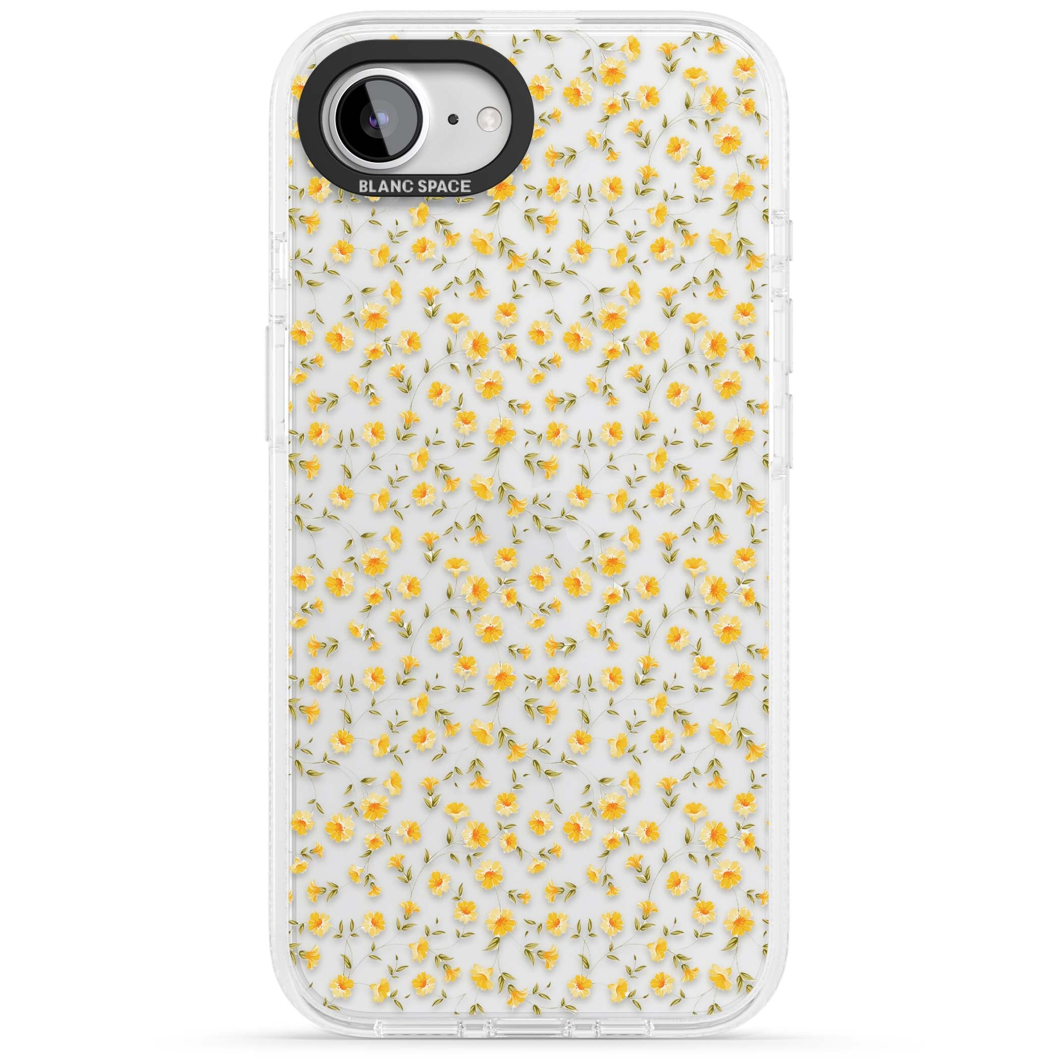 Buttercup wildflower iPhone case featuring tiny yellow flowers and trailing green vines on clear | Clear Case Impact Air case for iPhone 16e, iPhone 17e