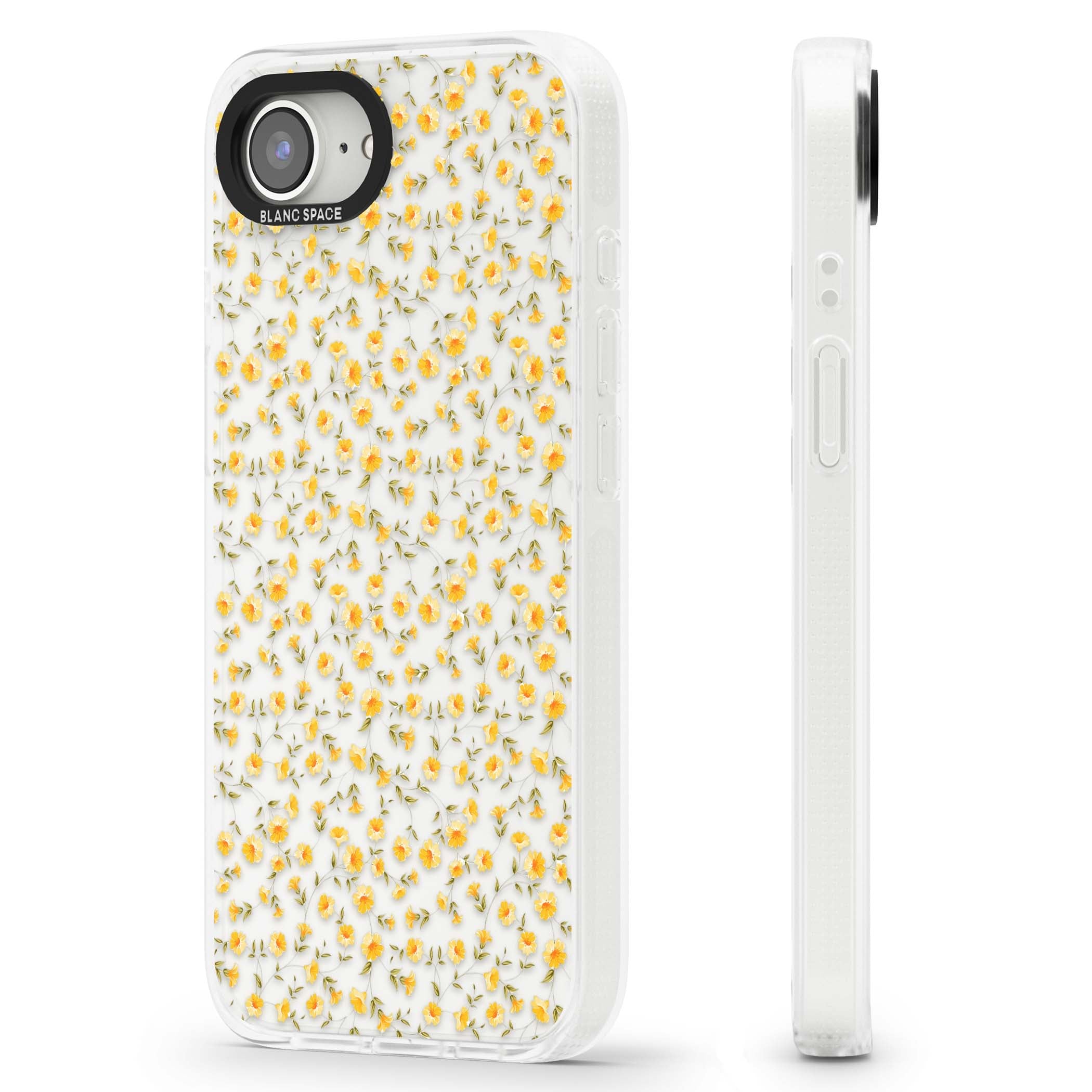Buttercup wildflower iPhone case featuring tiny yellow flowers and trailing green vines on clear | Clear Case Impact Air case for iPhone 16e, iPhone 17e