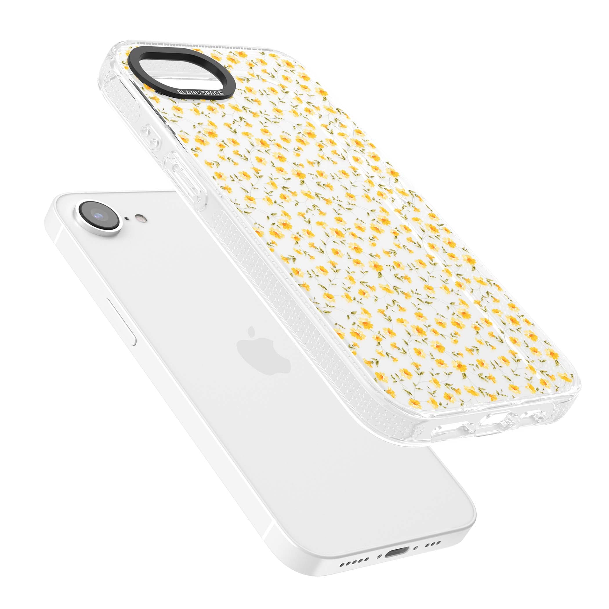 Buttercup wildflower iPhone case featuring tiny yellow flowers and trailing green vines on clear | Clear Case Impact Air case for iPhone 16e, iPhone 17e