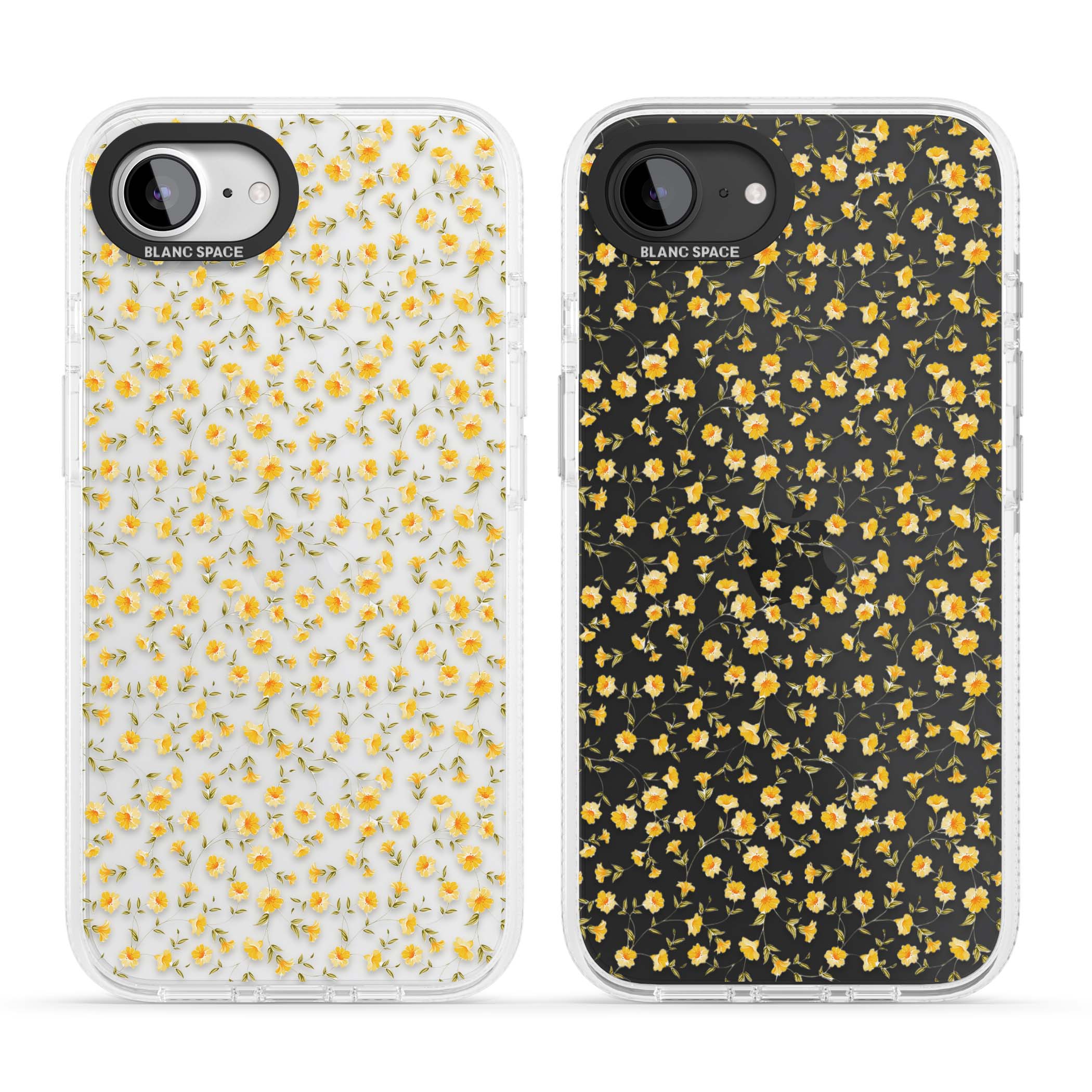 Buttercup wildflower iPhone case featuring tiny yellow flowers and trailing green vines on clear | Clear Case Impact Air case for iPhone 16e, iPhone 17e