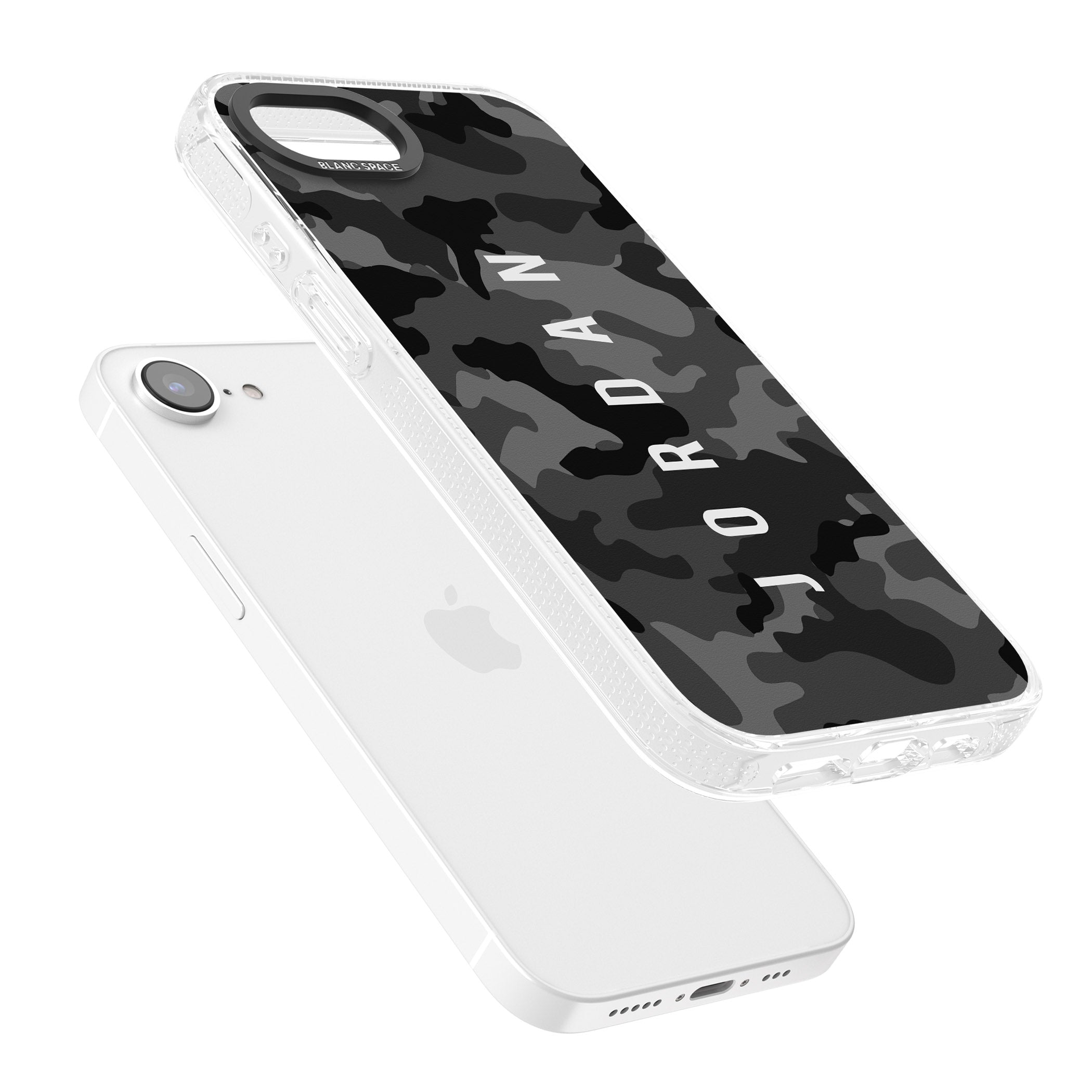 Personalised Small Vertical Name Black Camouflage iPhone 16e Clear Case Impact Air - Blanc Space
