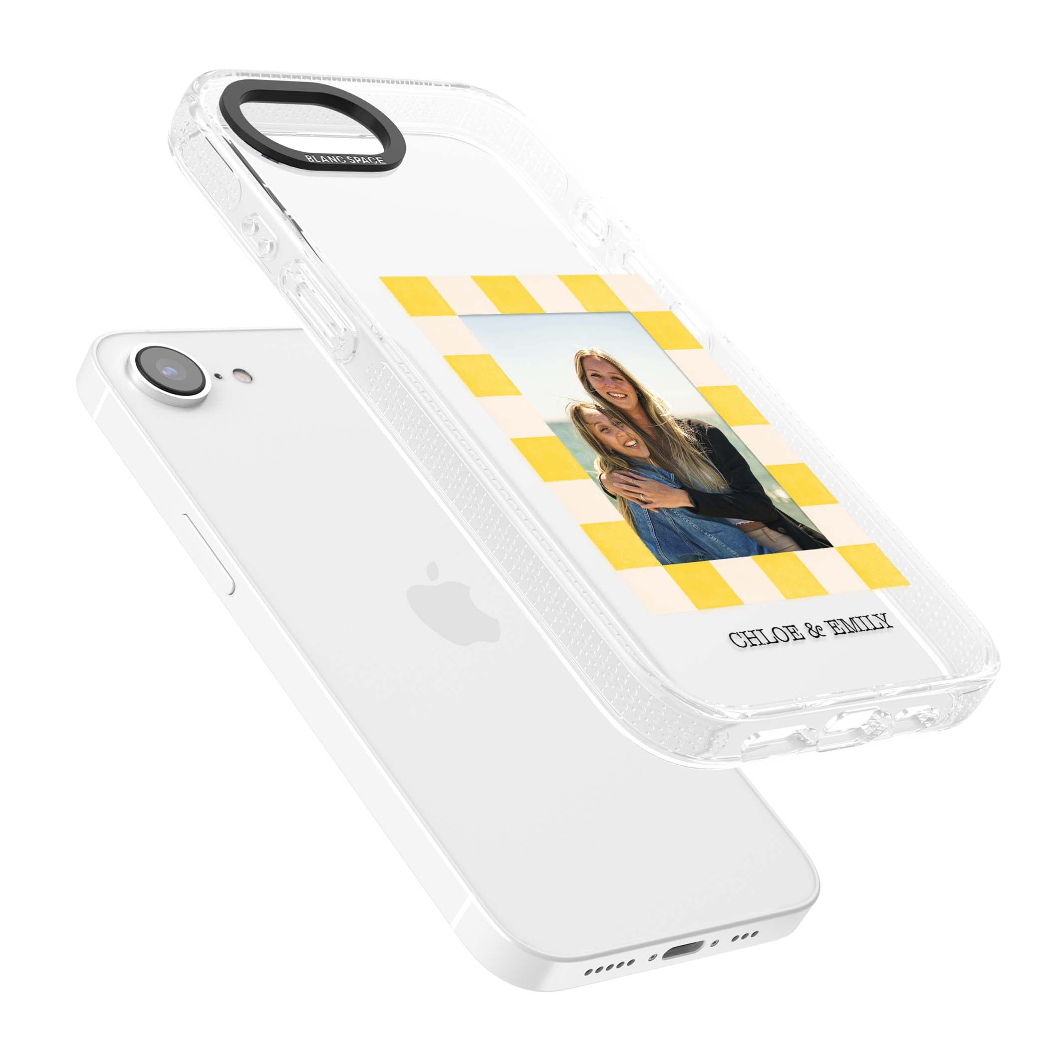 Yellow Check Photo personalised iPhone case with yellow checkered Polaroid frame and custom names beneath | Clear Case Impact Air case for iPhone 16e, iPhone 17e