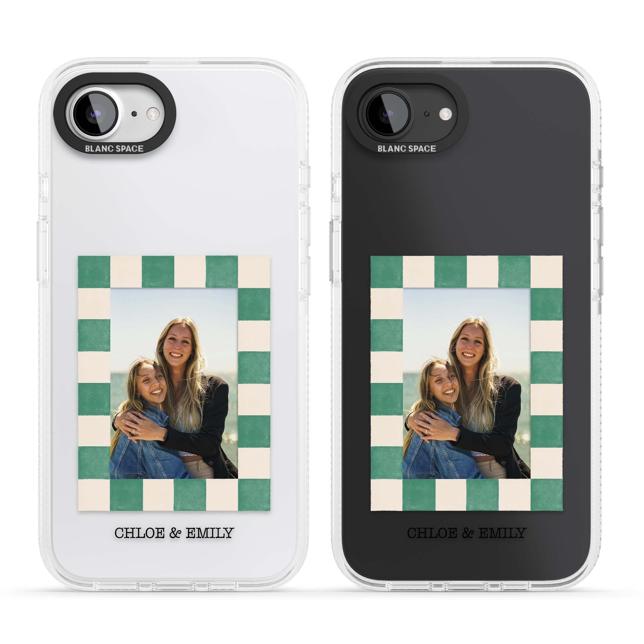 Seafoam Check Photo personalised iPhone case featuring a custom polaroid photo, green and cream checkered frame, and custom n | Clear Case Impact Air case for iPhone 16e, iPhone 17e