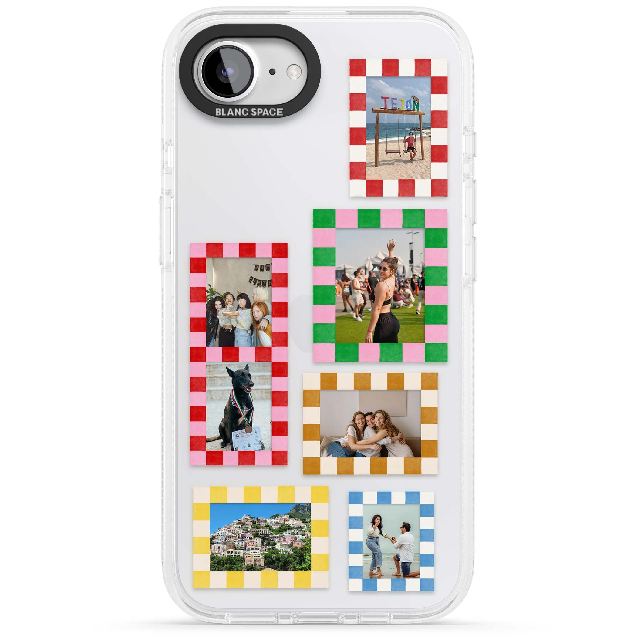 Italian Check Frames custom photo collage iPhone case featuring six checkered photo frames in red, green, pink and  | Clear Case Impact Air case for iPhone 16e, iPhone 17e