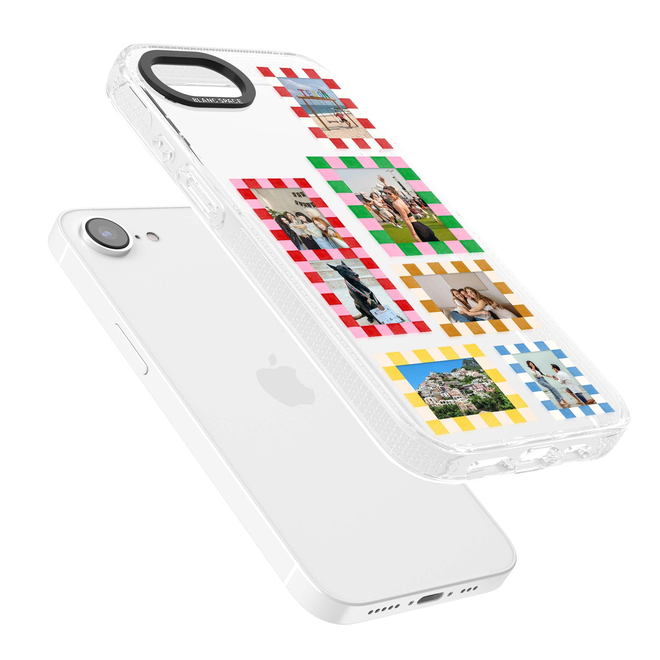 Italian Check Frames custom photo collage iPhone case featuring six checkered photo frames in red, green, pink and  | Clear Case Impact Air case for iPhone 16e, iPhone 17e