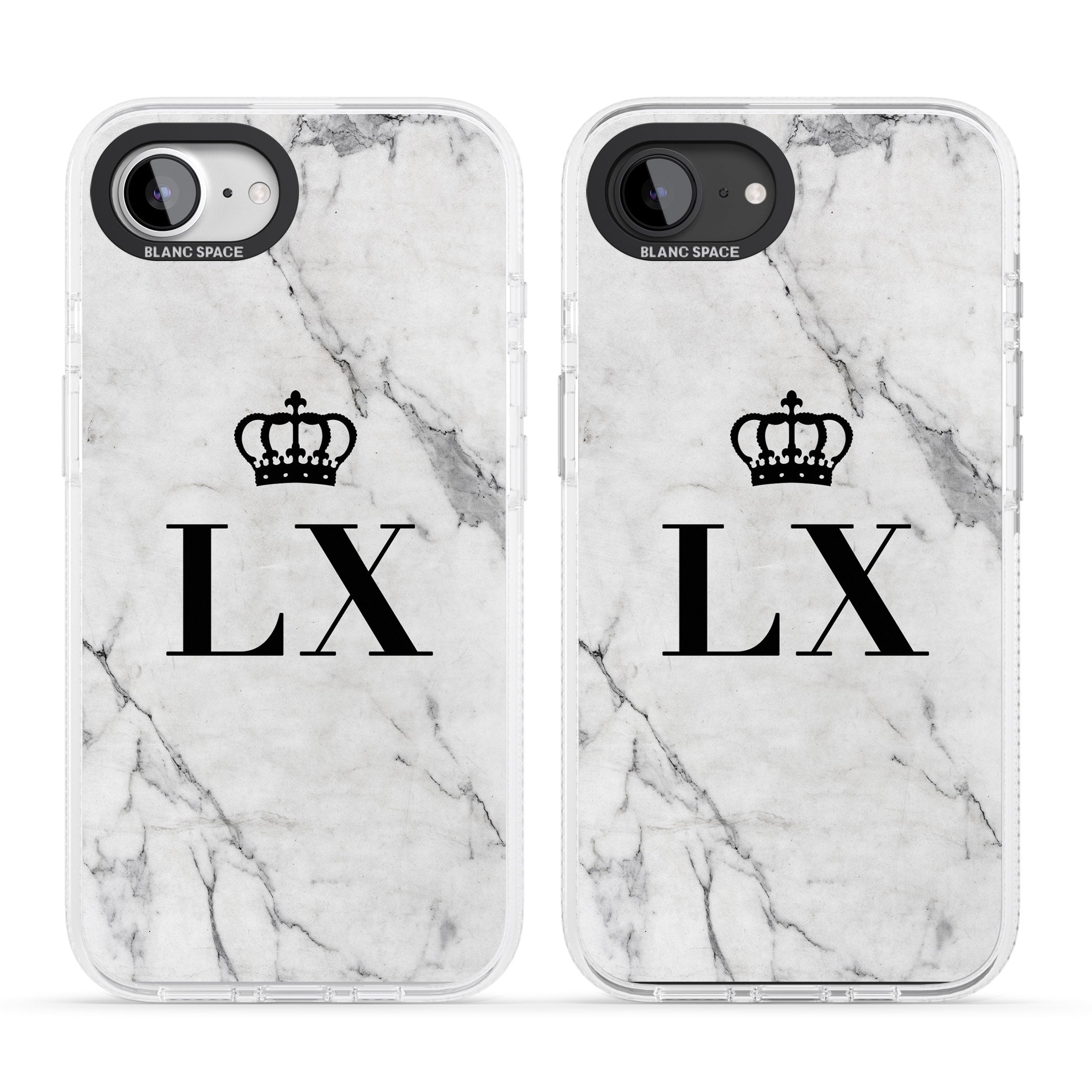 Personalised Initials with Crown on White Marble iPhone 16e Clear Case Impact Air - Blanc Space