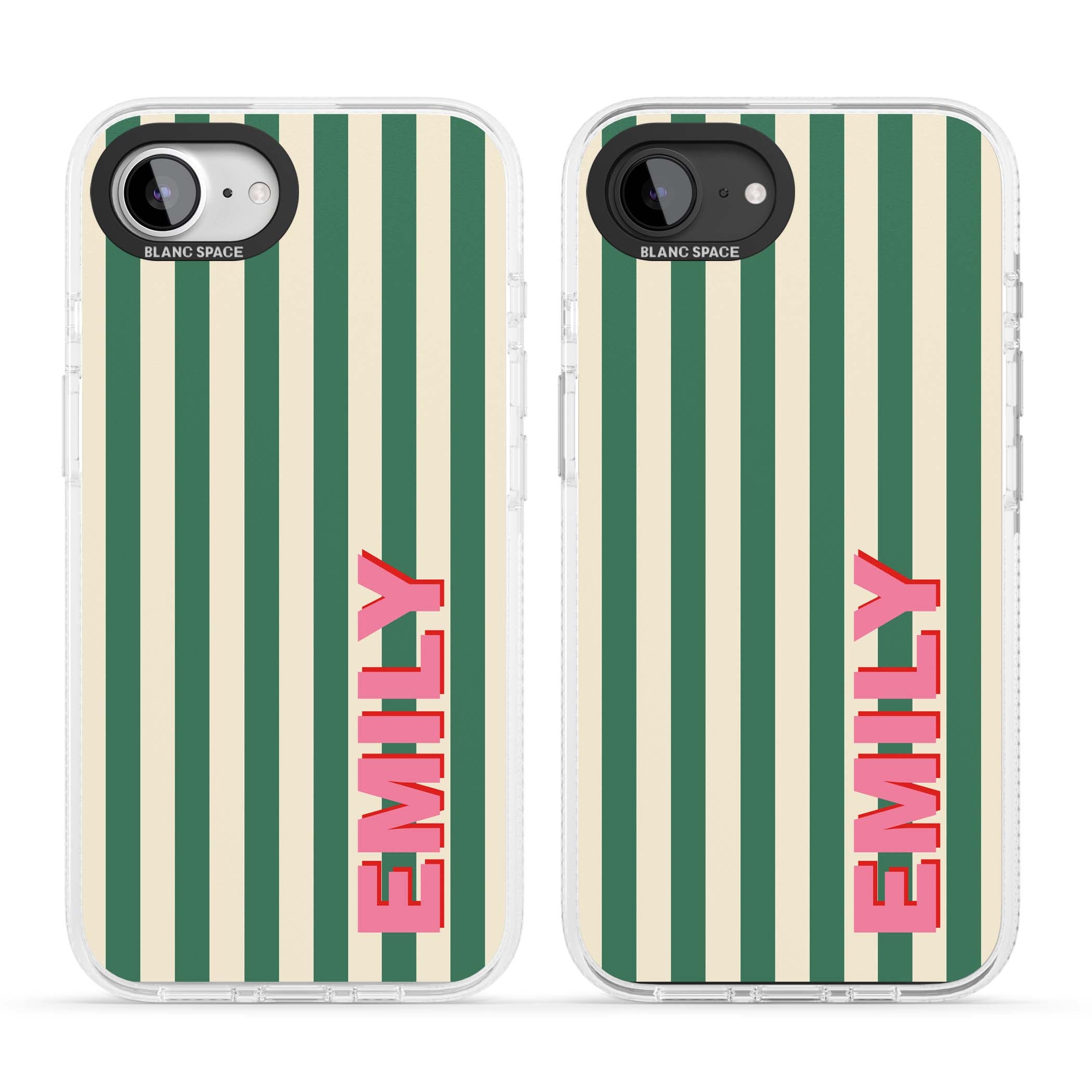 Wimbledon Stripe preppy iPhone case featuring green and cream vertical stripes with a personalised pink name | Clear Case Impact Air case for iPhone 16e, iPhone 17e