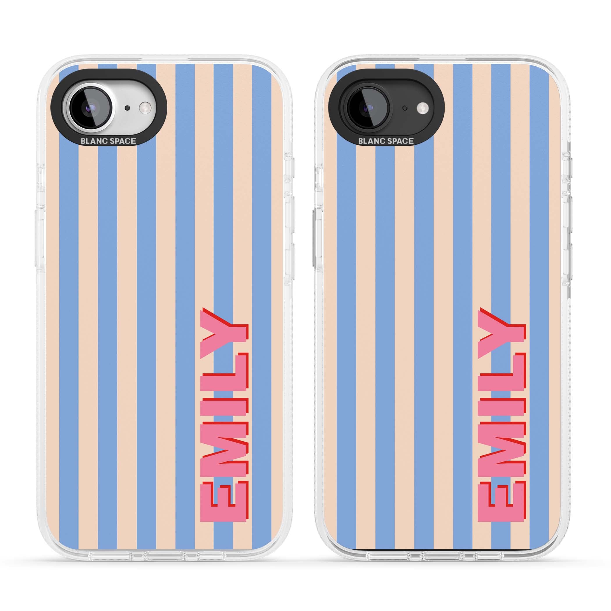 Coastal Stripe personalised coastal iPhone case with blue and peach vertical stripes and custom pink name | Clear Case Impact Air case for iPhone 16e, iPhone 17e