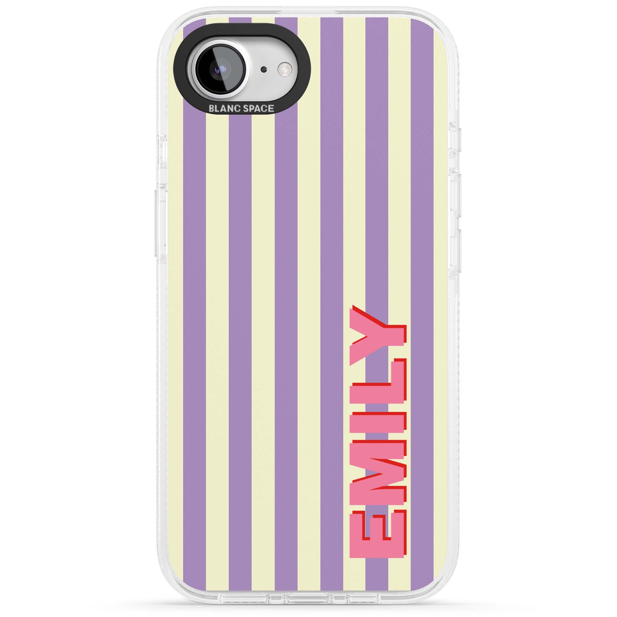 Valensole Stripe personalised iPhone case with purple and cream vertical stripes and pink custom name | Clear Case Impact Air case for iPhone 16e, iPhone 17e