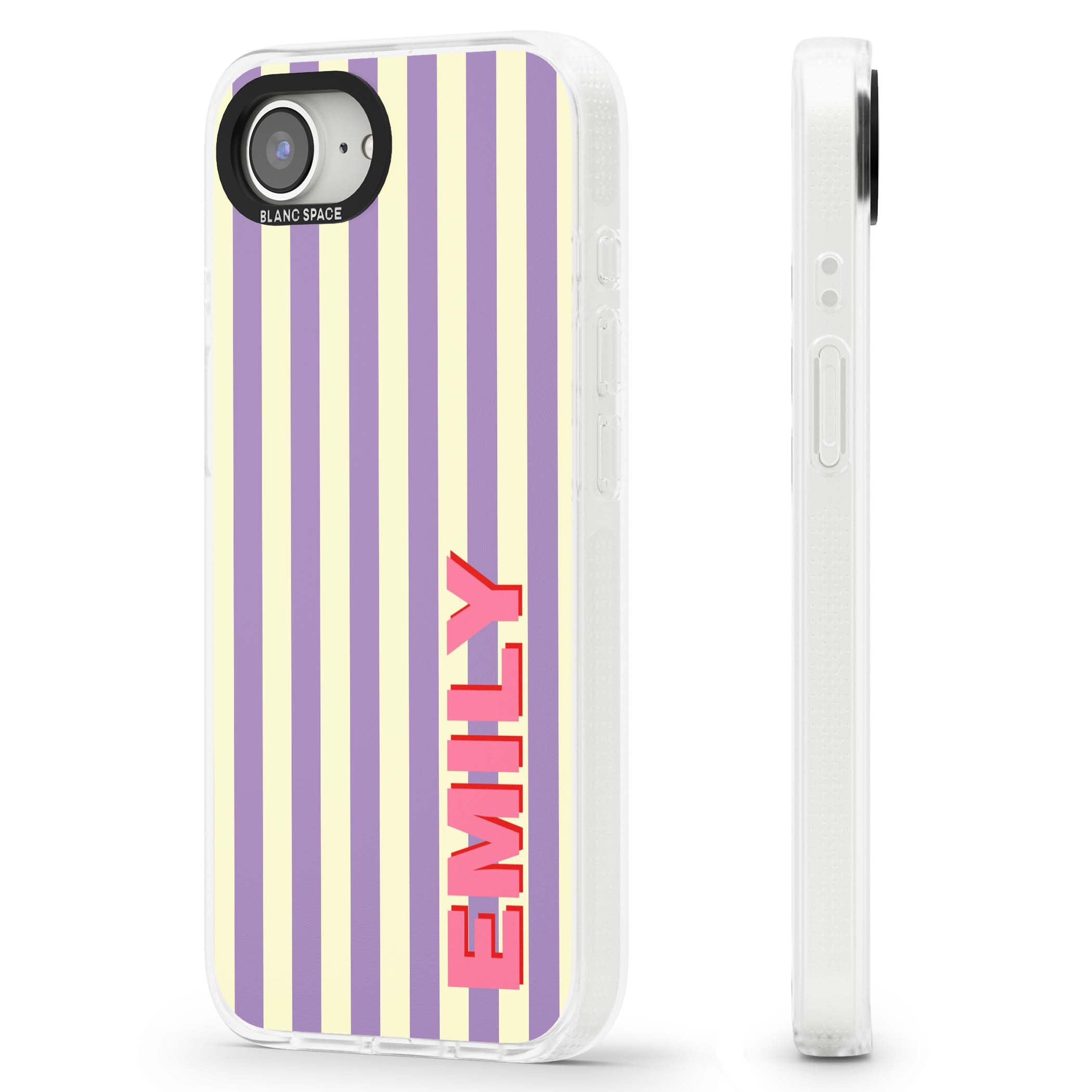Valensole Stripe personalised iPhone case with purple and cream vertical stripes and pink custom name | Clear Case Impact Air case for iPhone 16e, iPhone 17e
