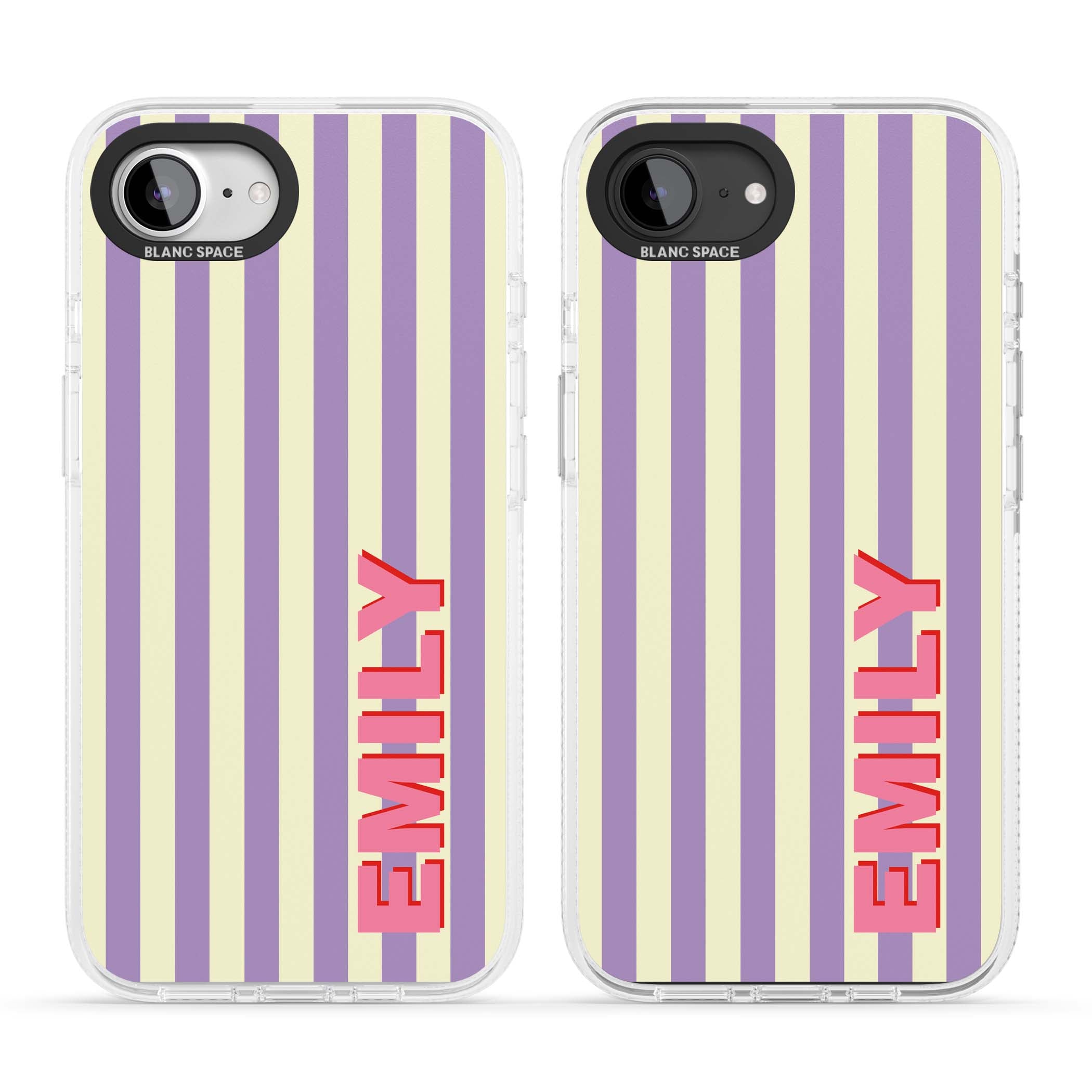 Valensole Stripe personalised iPhone case with purple and cream vertical stripes and pink custom name | Clear Case Impact Air case for iPhone 16e, iPhone 17e