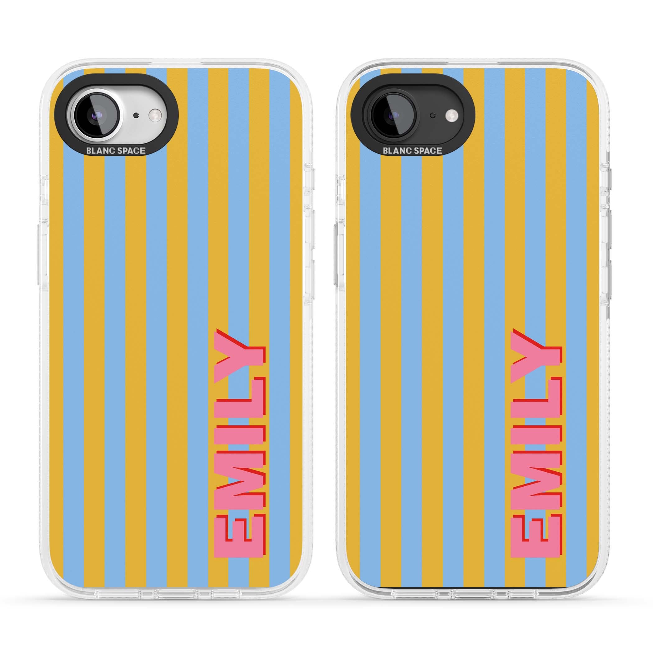 Carribean Stripe personalised coastal iPhone case with yellow and blue vertical stripes and a custom pink name | Clear Case Impact Air case for iPhone 16e, iPhone 17e