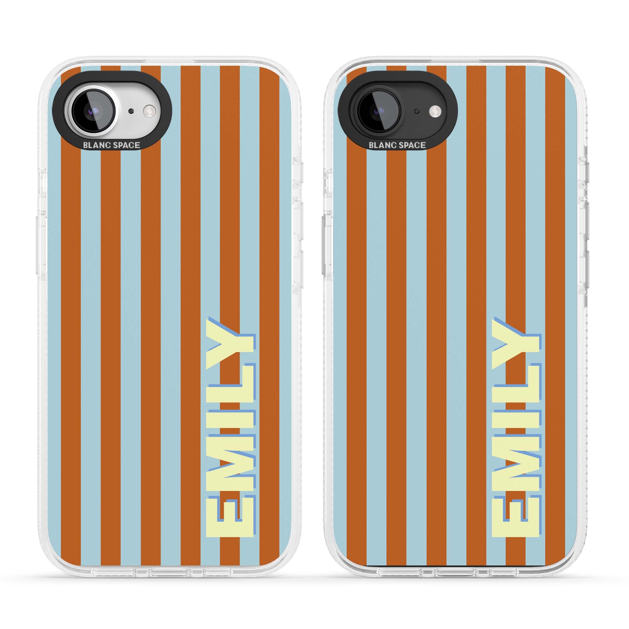 Cappadocia Stripe personalised coastal iPhone case featuring blue and orange vertical stripes with custom cream name | Clear Case Impact Air case for iPhone 16e, iPhone 17e
