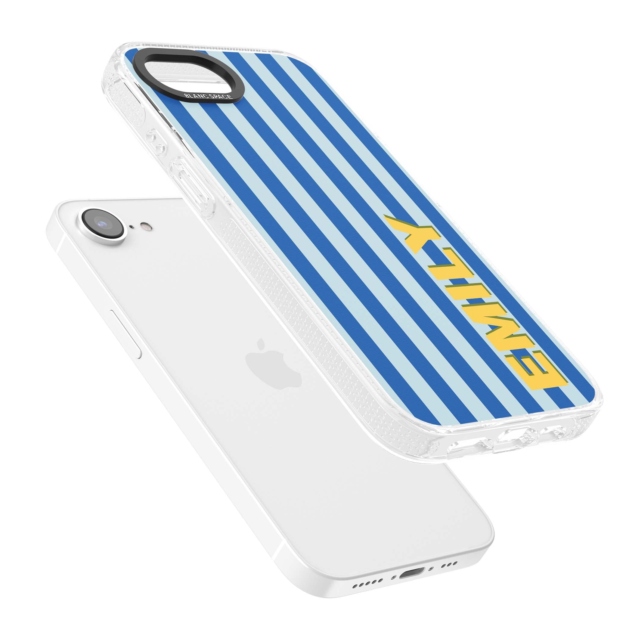 Athenian Stripe personalised preppy iPhone case featuring blue vertical stripes and a custom yellow name | Clear Case Impact Air case for iPhone 16e, iPhone 17e