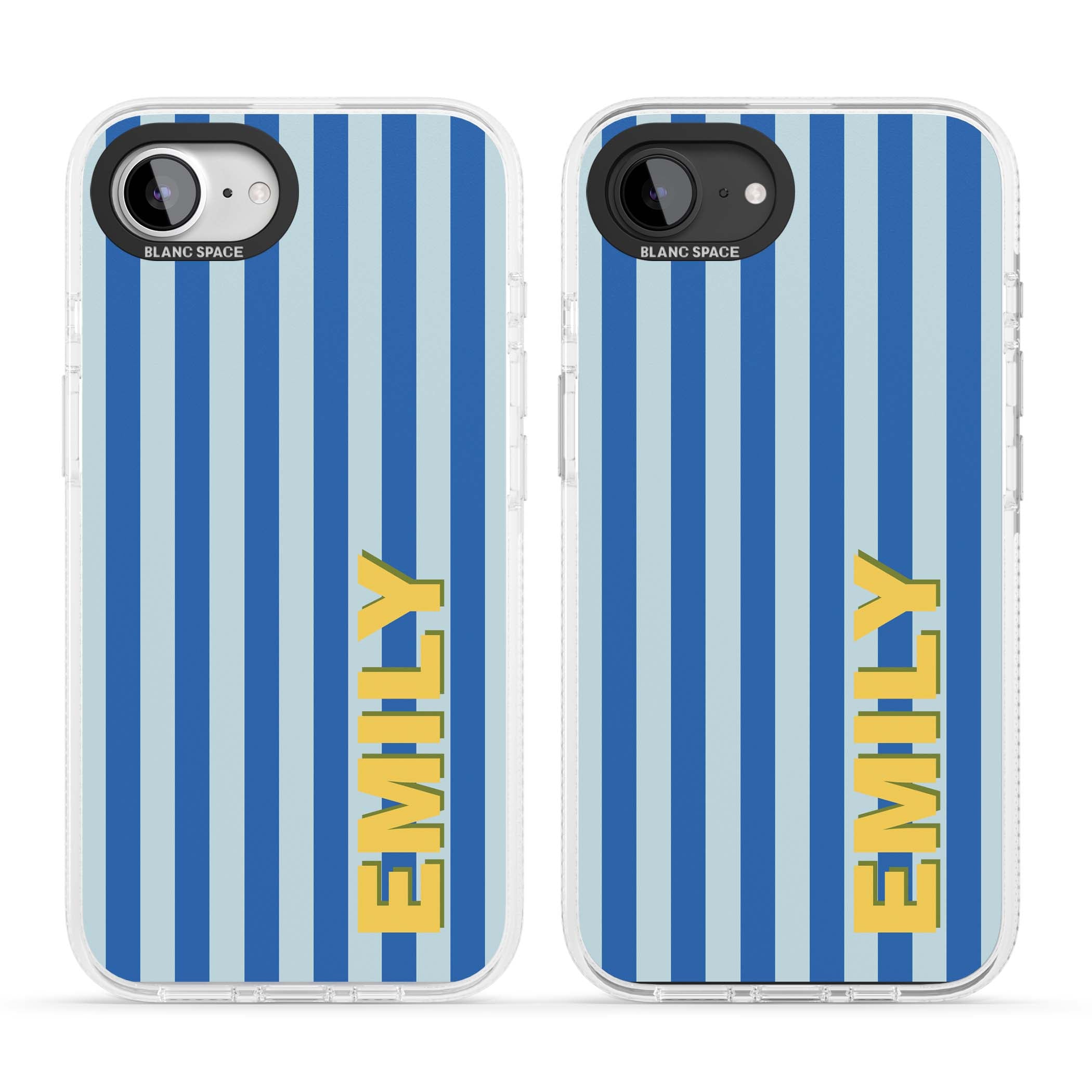 Athenian Stripe personalised preppy iPhone case featuring blue vertical stripes and a custom yellow name | Clear Case Impact Air case for iPhone 16e, iPhone 17e