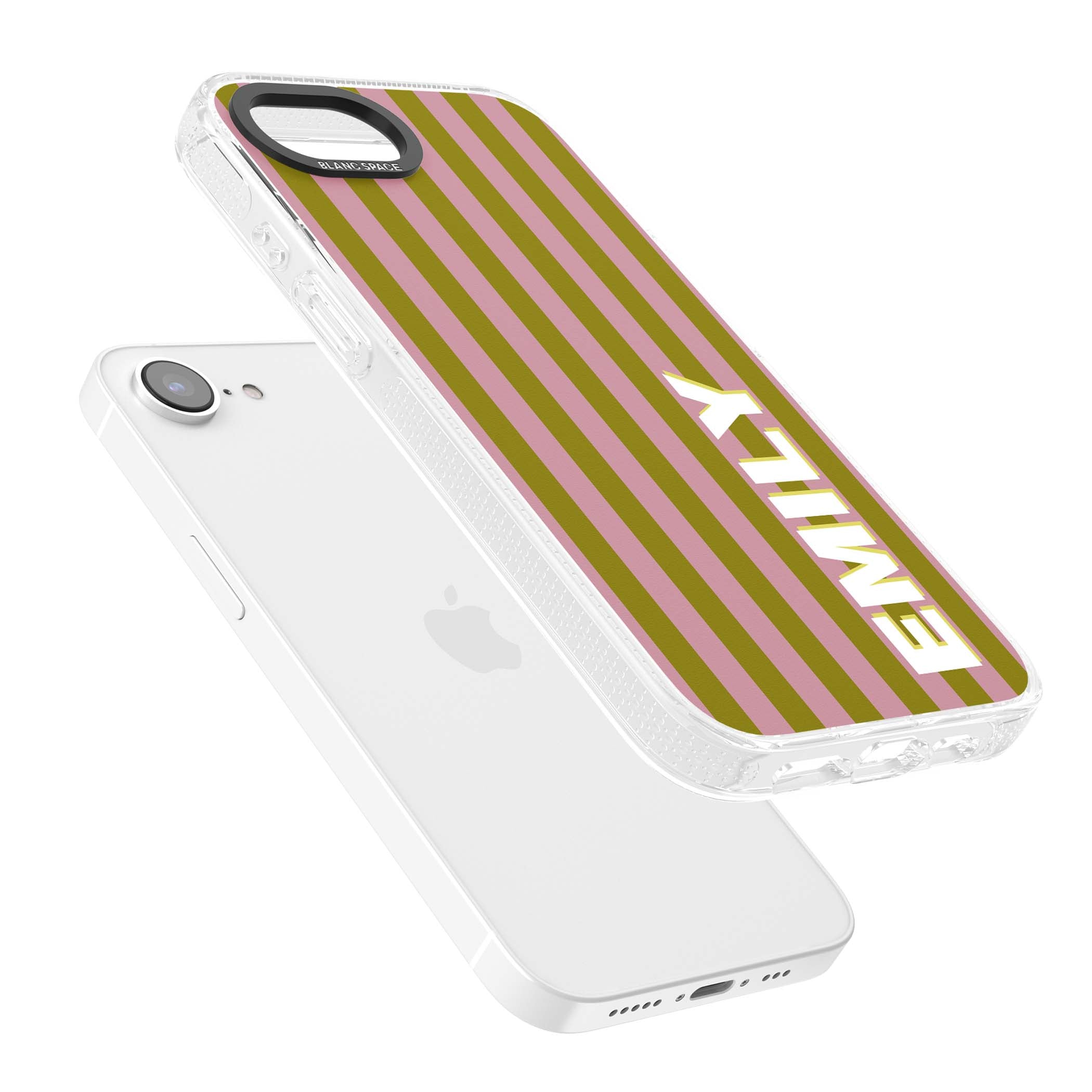 Istanbul Stripe personalised iPhone case featuring pink and olive green vertical stripes with a custom vertical name | Clear Case Impact Air case for iPhone 16e, iPhone 17e