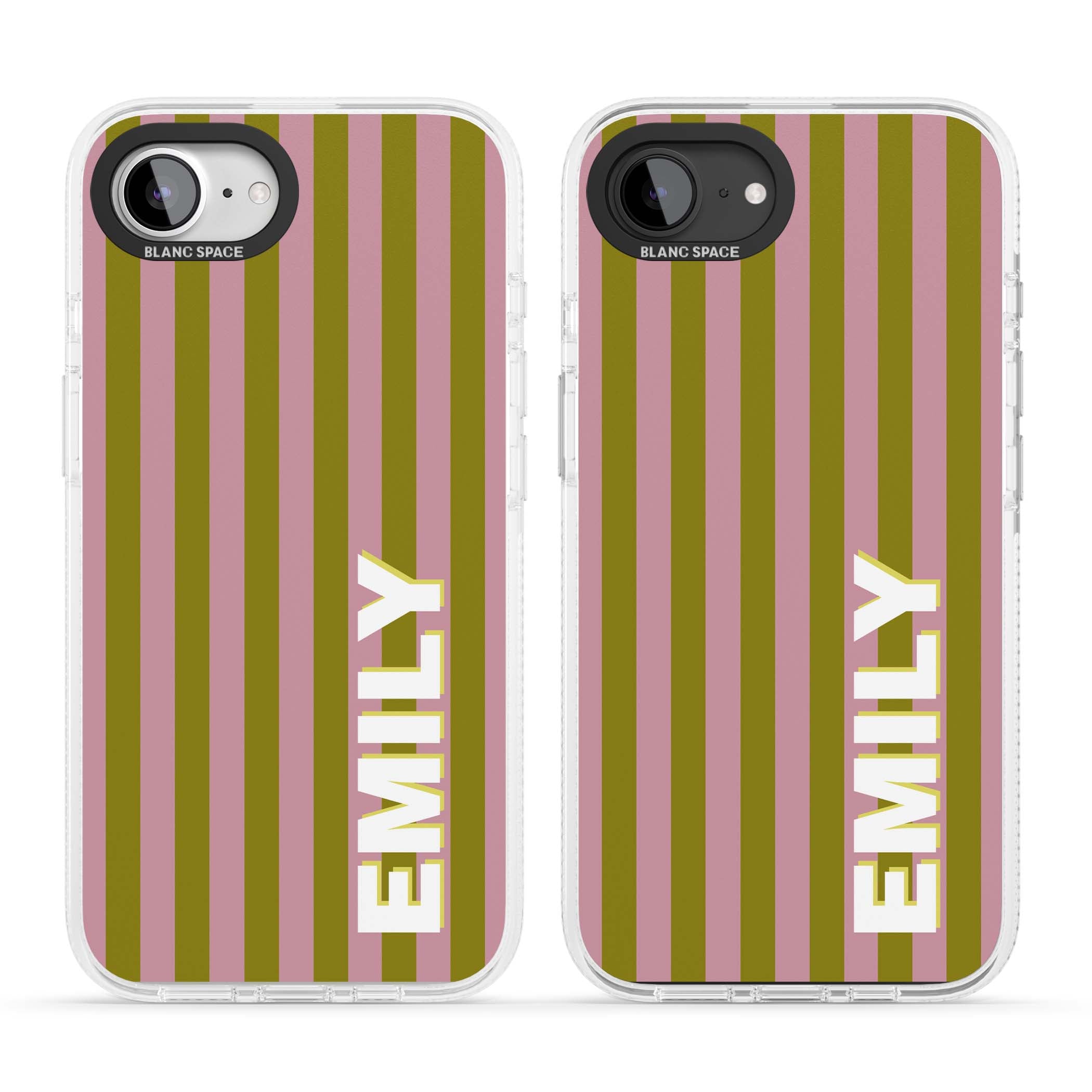 Istanbul Stripe personalised iPhone case featuring pink and olive green vertical stripes with a custom vertical name | Clear Case Impact Air case for iPhone 16e, iPhone 17e
