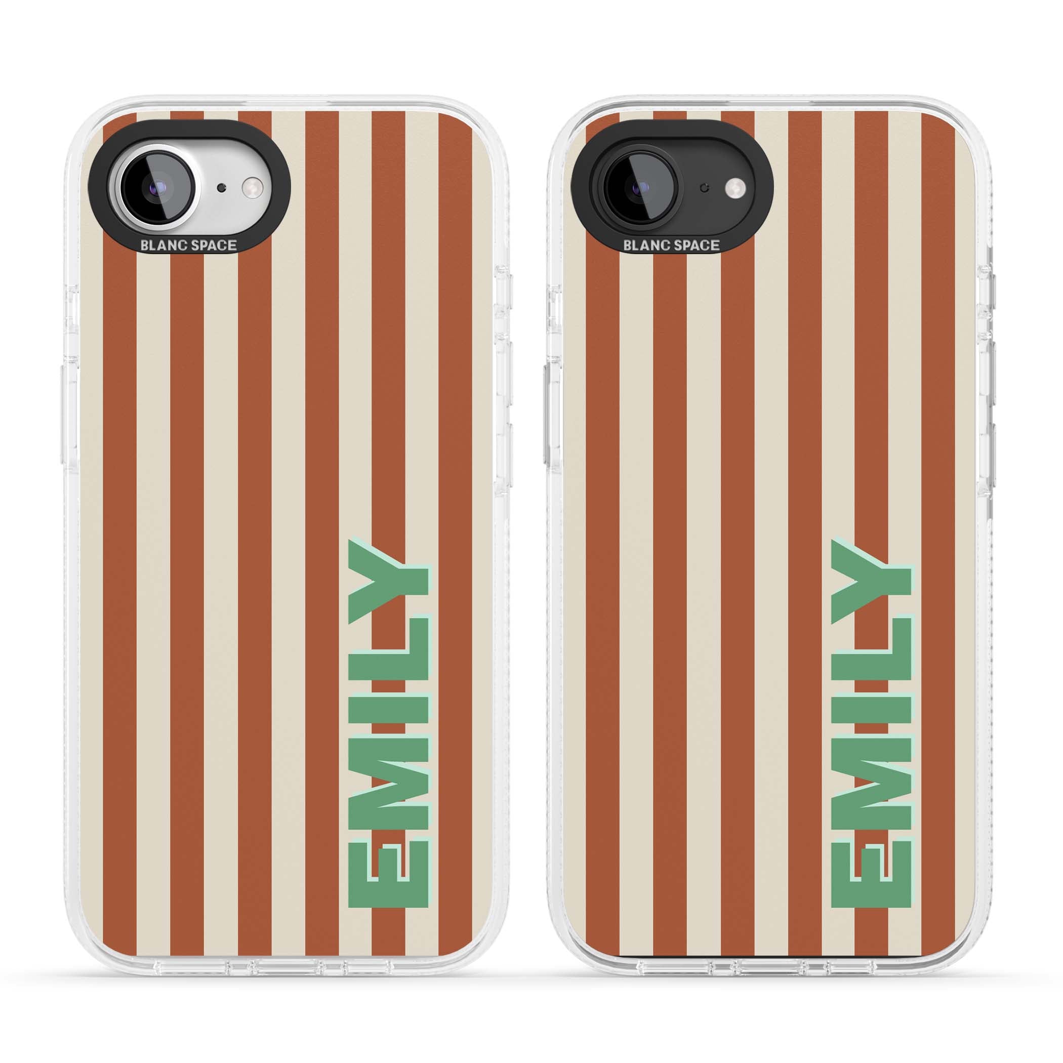 Dune Stripe personalised iPhone case with rust and cream vertical stripes and custom name in mint green | Clear Case Impact Air case for iPhone 16e, iPhone 17e