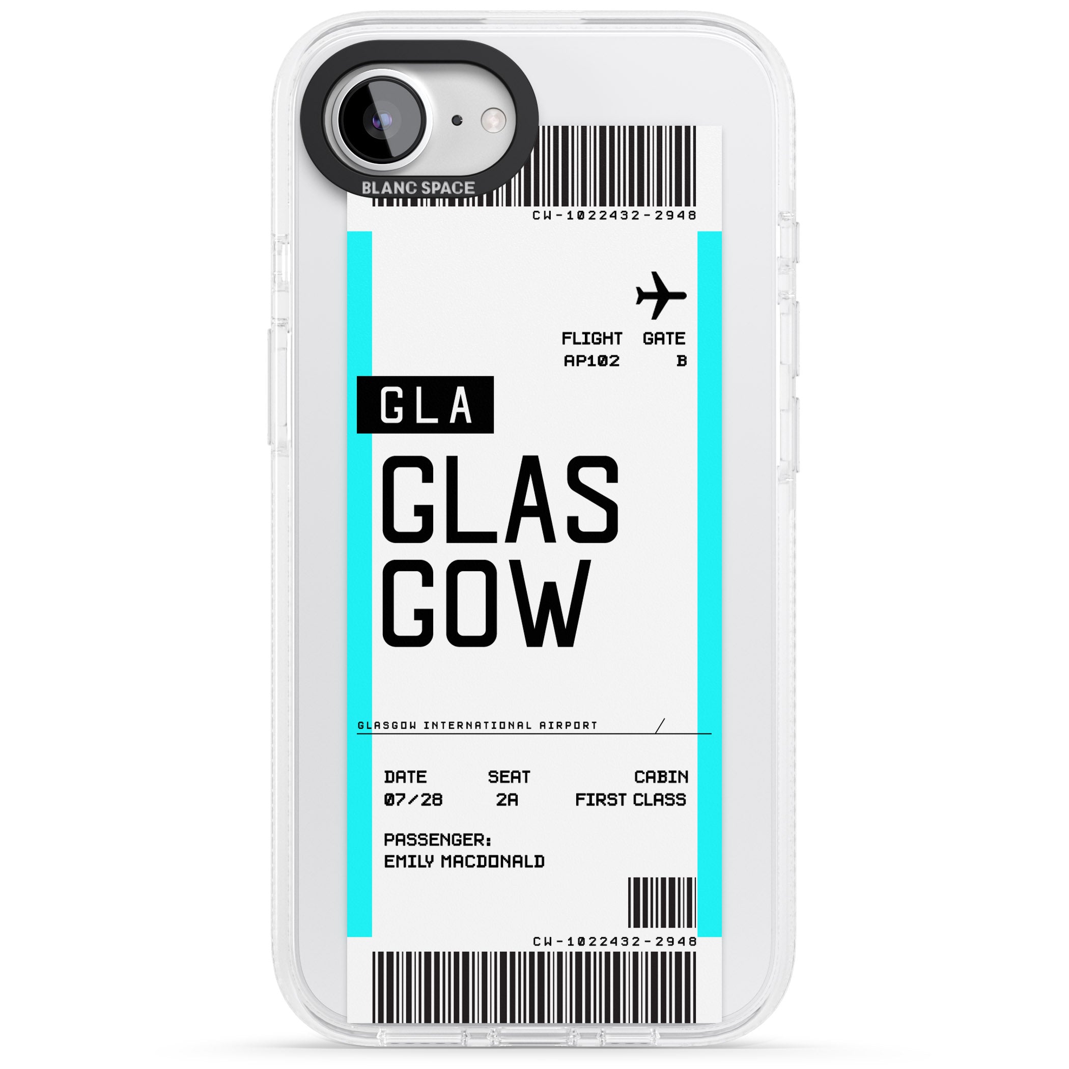 Personalised Glasgow Boarding Pass iPhone 16e Clear Case Impact Air - Blanc Space