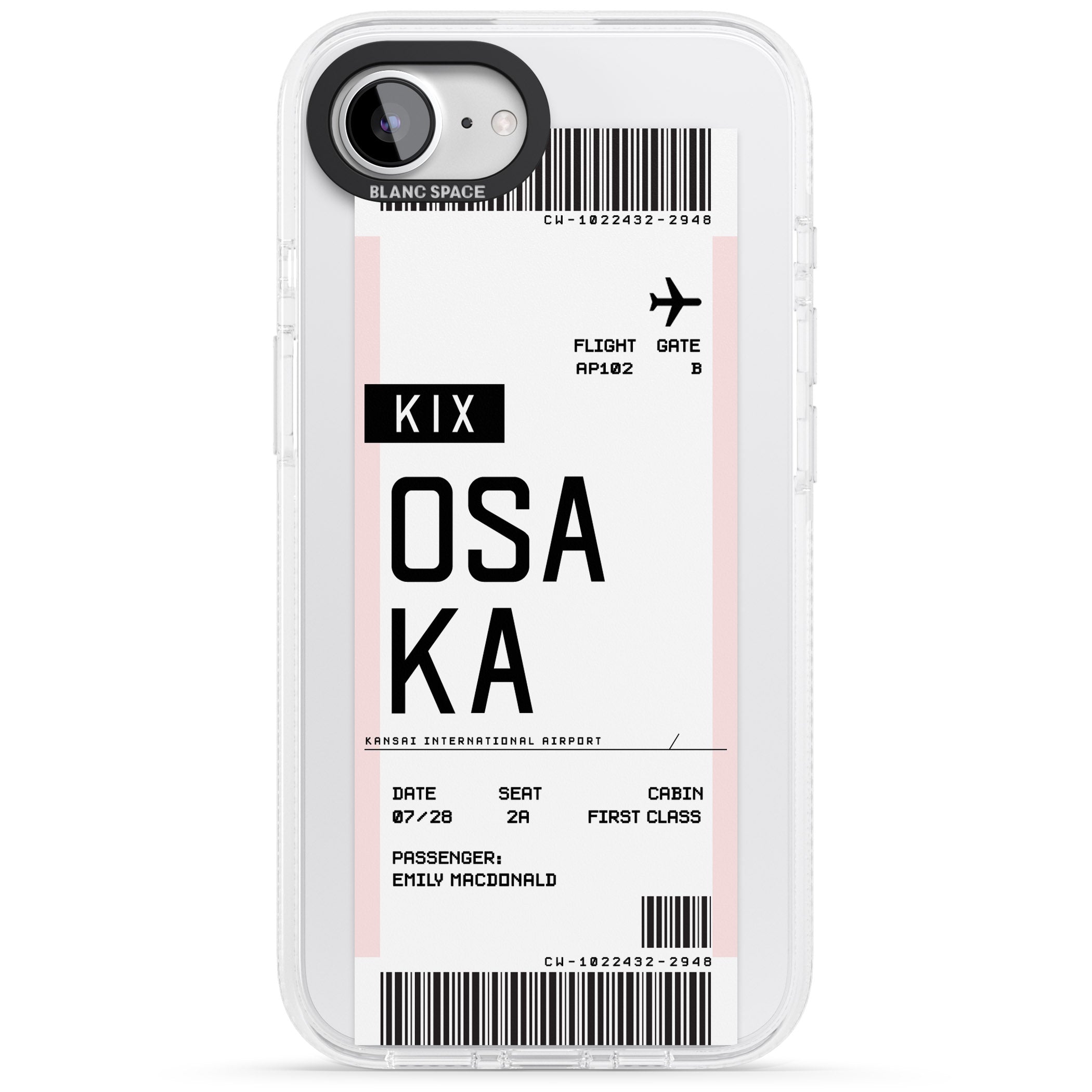 Personalised Osaka Boarding Pass iPhone 16e Clear Case Impact Air - Blanc Space