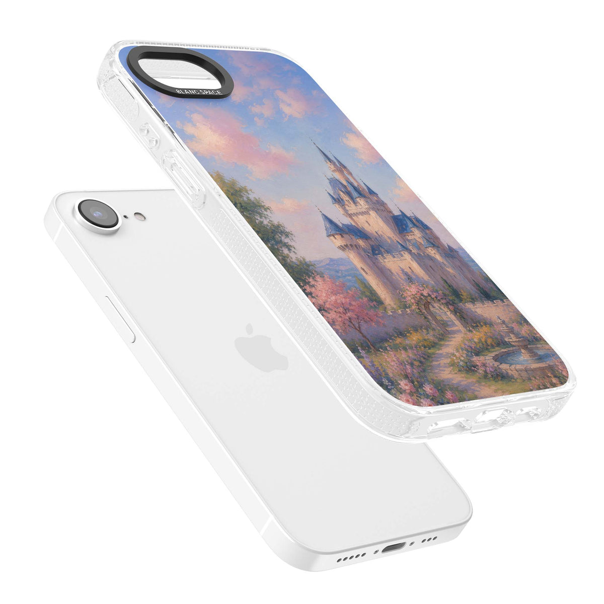 Enchanted Kingdom fairytale iPhone case featuring a romantic castle painting with cherry blossoms and pastel pink sky | Clear Case Impact Air case for iPhone 16e, iPhone 17e