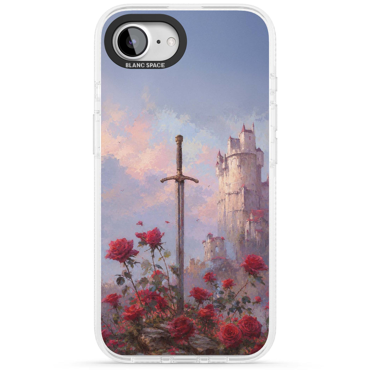 Sword in Roses medieval art iPhone case featuring a sword, red roses, and a misty fairytale castle at sunset | Clear Case Impact Air case for iPhone 16e, iPhone 17e