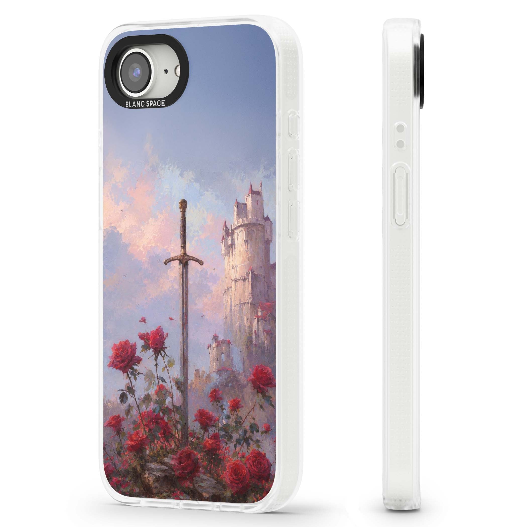 Sword in Roses medieval art iPhone case featuring a sword, red roses, and a misty fairytale castle at sunset | Clear Case Impact Air case for iPhone 16e, iPhone 17e
