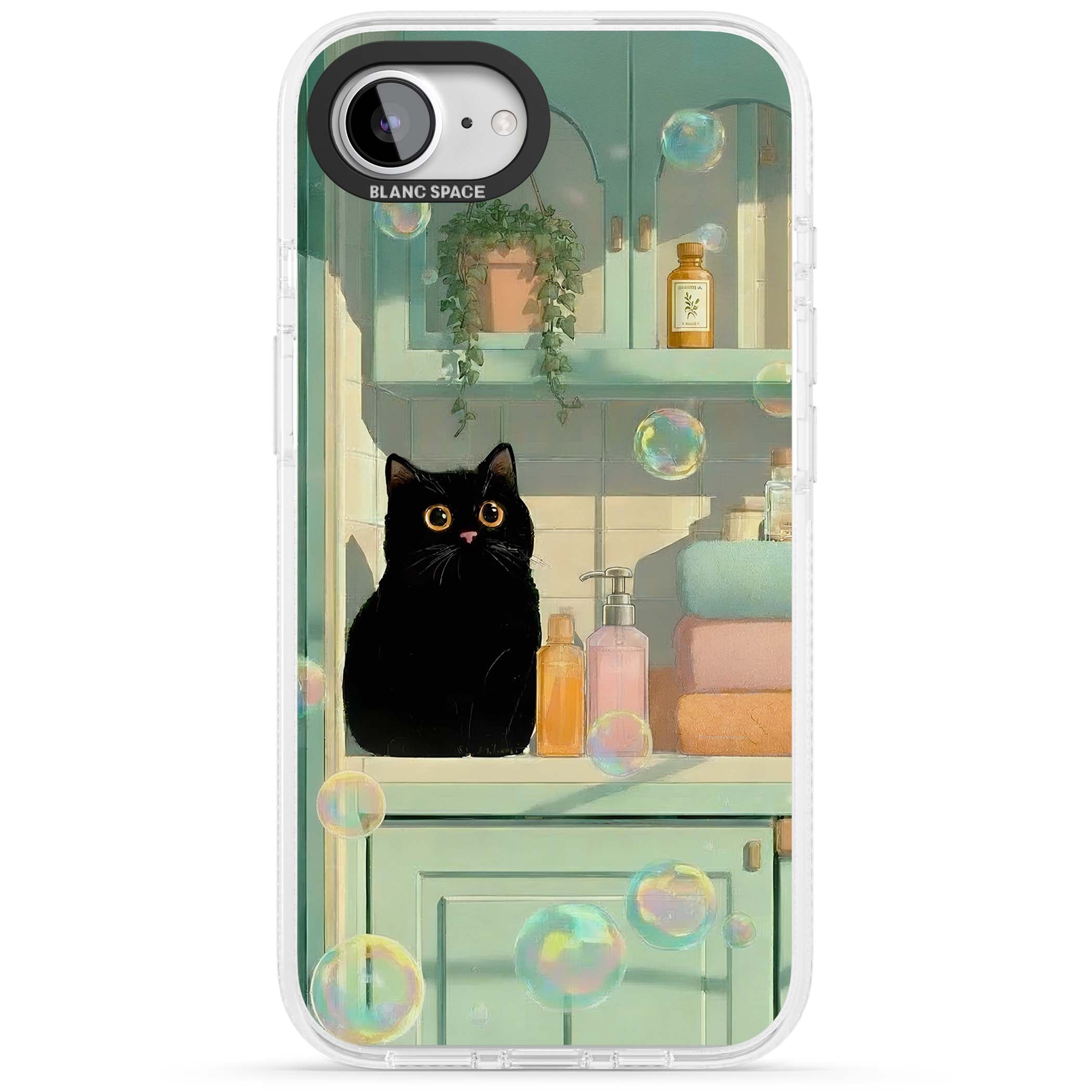 Bathroom Bubble Kitty cottagecore iPhone case featuring a black cat, mint bathroom scene and floating soap bubbles | Clear Case Impact Air case for iPhone 16e, iPhone 17e