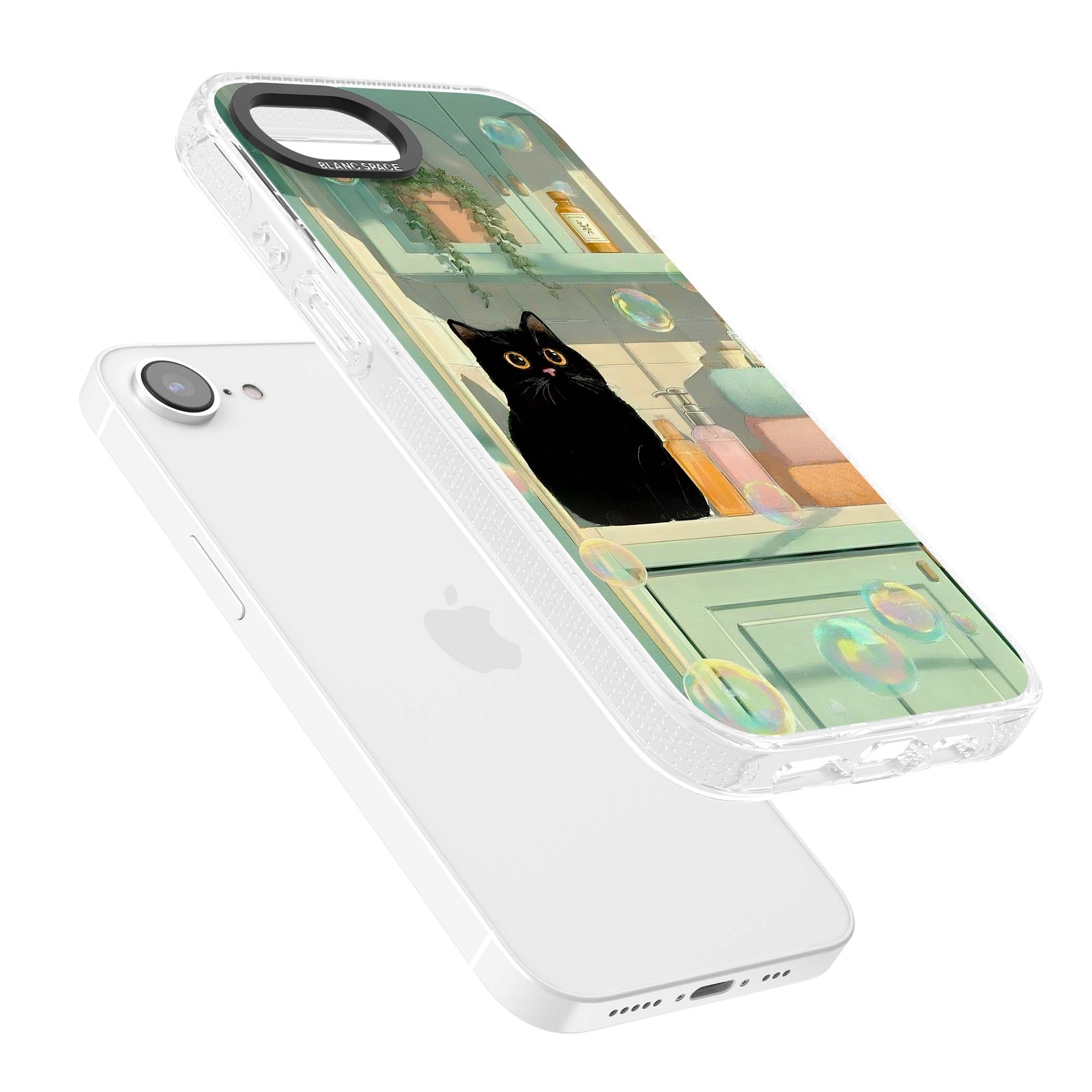 Bathroom Bubble Kitty cottagecore iPhone case featuring a black cat, mint bathroom scene and floating soap bubbles | Clear Case Impact Air case for iPhone 16e, iPhone 17e