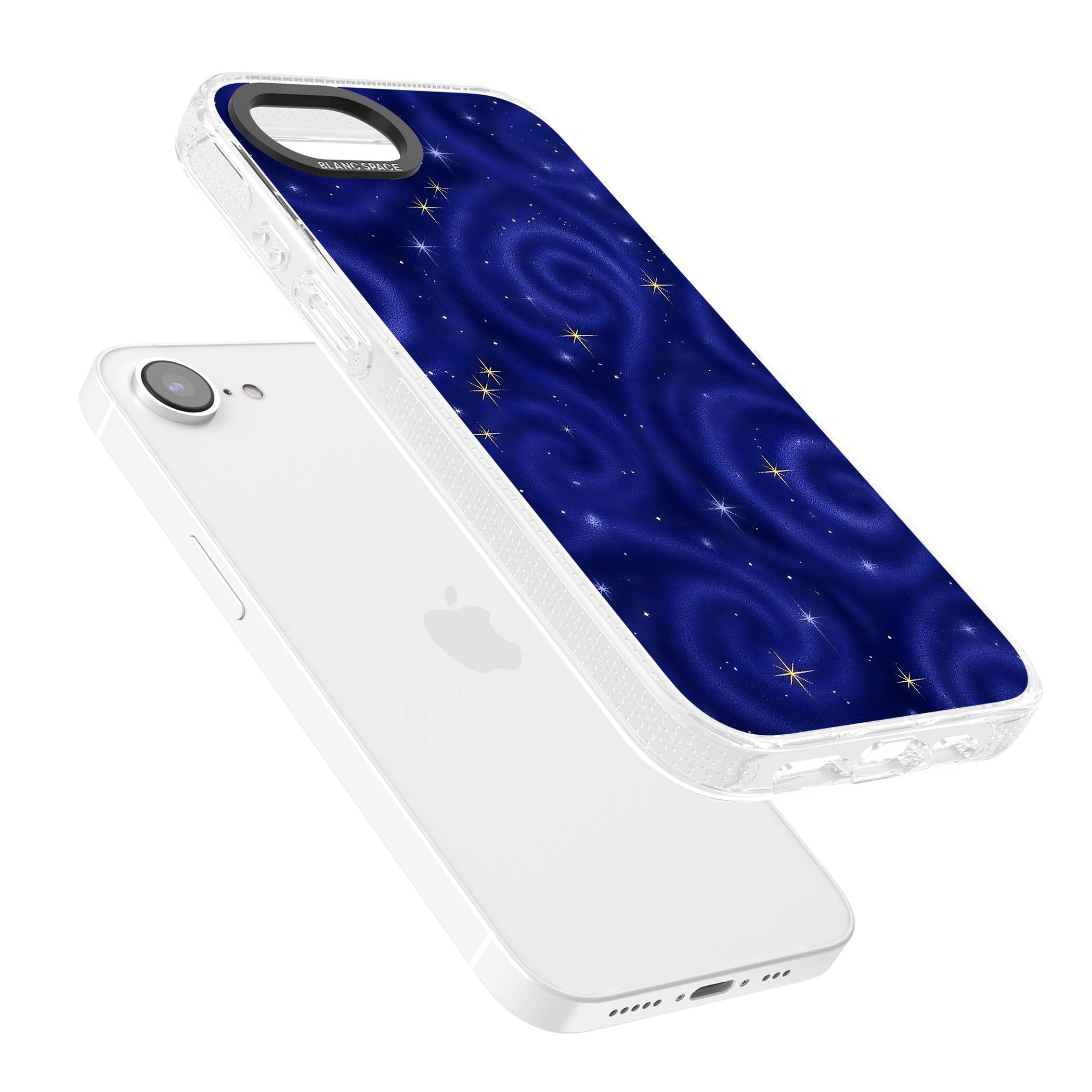 Indigo Cosmos celestial iPhone case featuring swirling navy night sky and sparkling golden stars | Clear Case Impact Air case for iPhone 16e, iPhone 17e