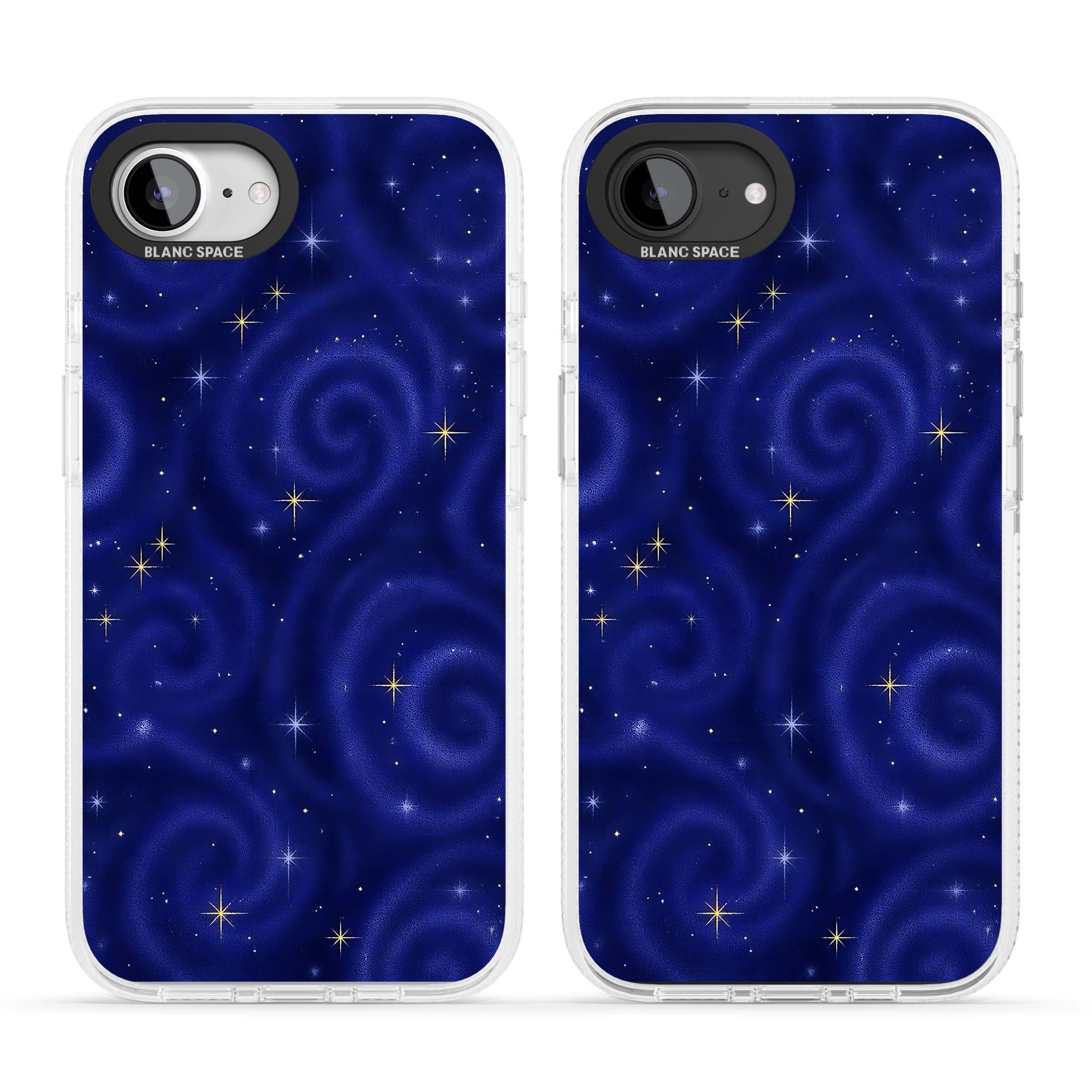 Indigo Cosmos celestial iPhone case featuring swirling navy night sky and sparkling golden stars | Clear Case Impact Air case for iPhone 16e, iPhone 17e