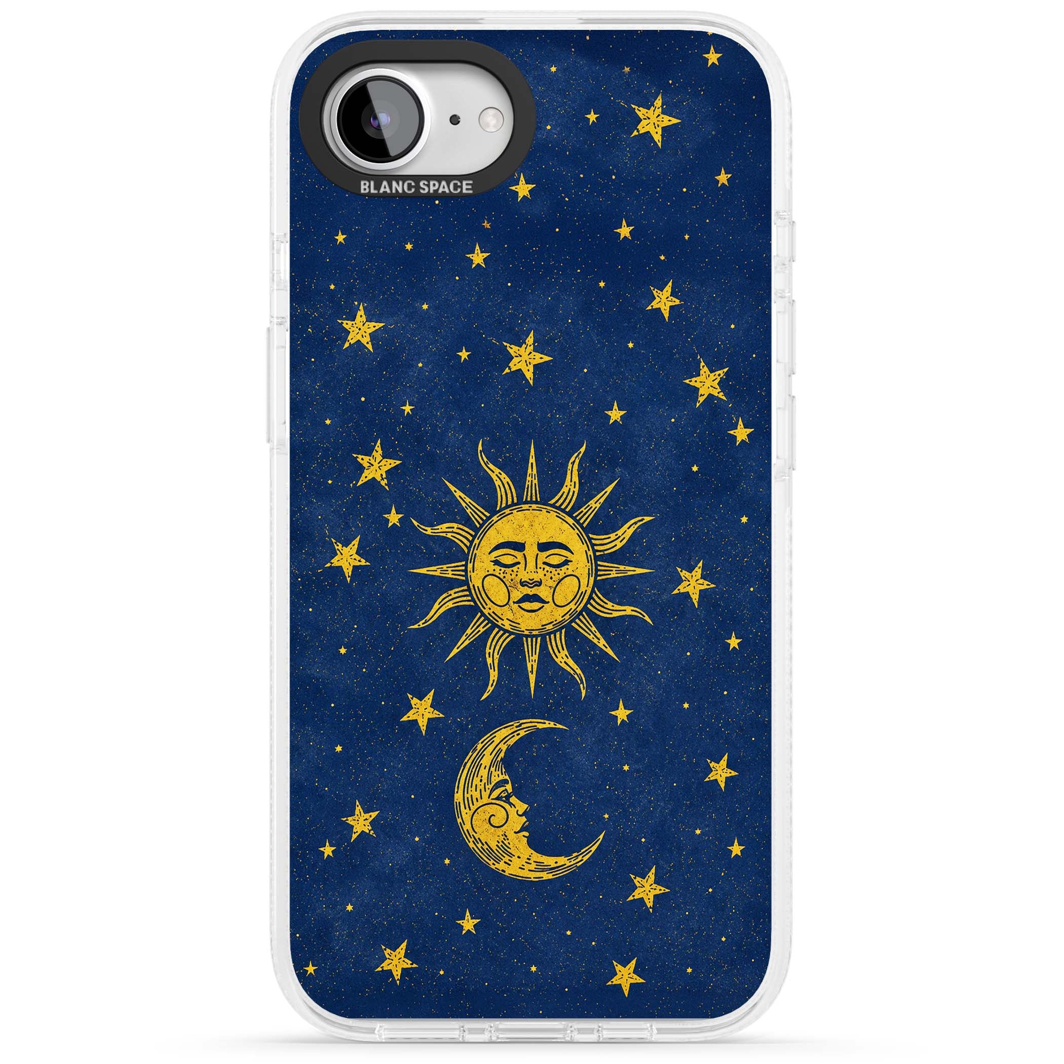 Sun & Moon Reverie celestial iPhone case featuring a vintage golden sun, crescent moon and scattered stars on midnight blue | Clear Case Impact Air case for iPhone 16e, iPhone 17e