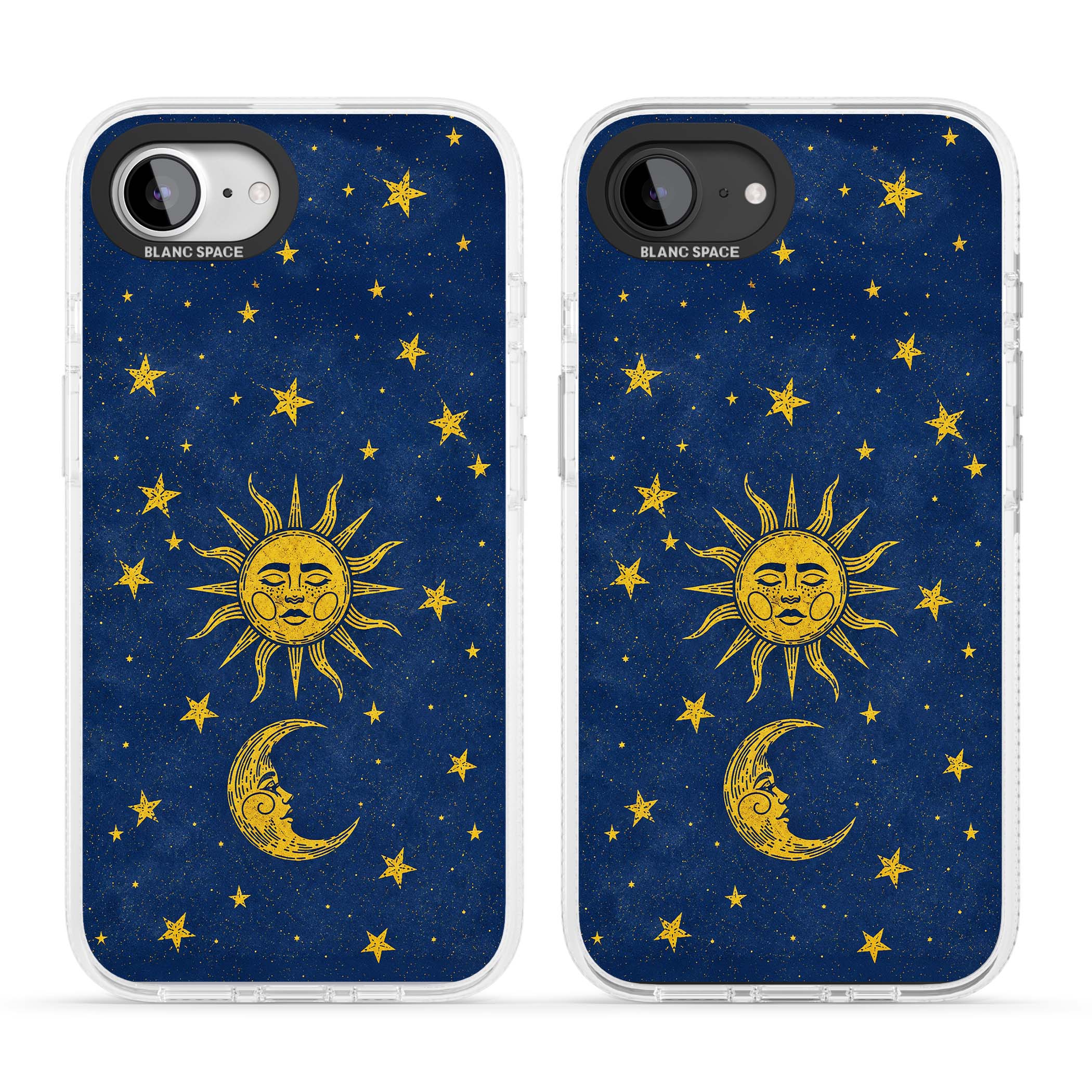 Sun & Moon Reverie celestial iPhone case featuring a vintage golden sun, crescent moon and scattered stars on midnight blue | Clear Case Impact Air case for iPhone 16e, iPhone 17e
