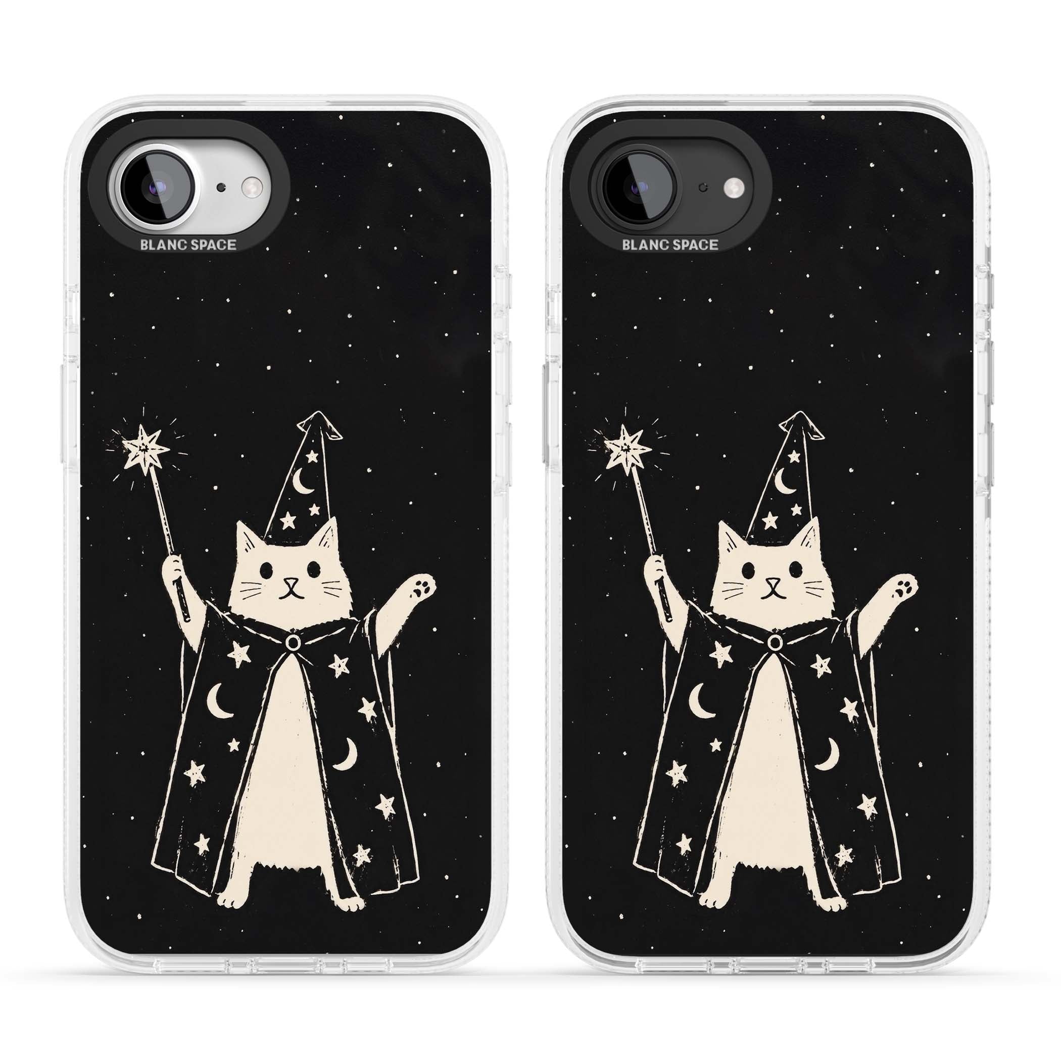 Whisker Wizard celestial cat iPhone case featuring a wizard cat with magic wand, starry night sky and crescent moons | Clear Case Impact Air case for iPhone 16e, iPhone 17e